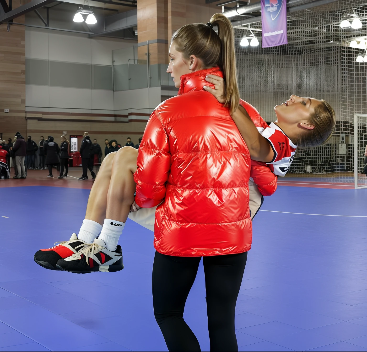 In the center of the picture stands with her back to us a blonde young woman in a very shiny black quilted coat, the woman in the black quilted coat stands on the playing field of a crowded sports hall, the woman in the shiny quilted coat turns her back to us and is holding a man in front of her in short and very dull sportswear in her arms, the blonde woman in the quilted coat carries an injured athlete away from us, to the left of the blonde woman's back you can see the athlete's male legs hanging over the woman's arm, to the right of the blonde woman's back you can see In profile you can see the upper body and head of the injured man whose gaze is distorted in pain and directed upwards towards the ceiling, the athlete's husband on the right grabs the blonde woman's shoulder with his arm, very painful scene, sports injury, severe pain, a woman is carrying one man on the arm, a man is injured and has to be carried, compassion, photo, ultra-realistic shot, sports photography