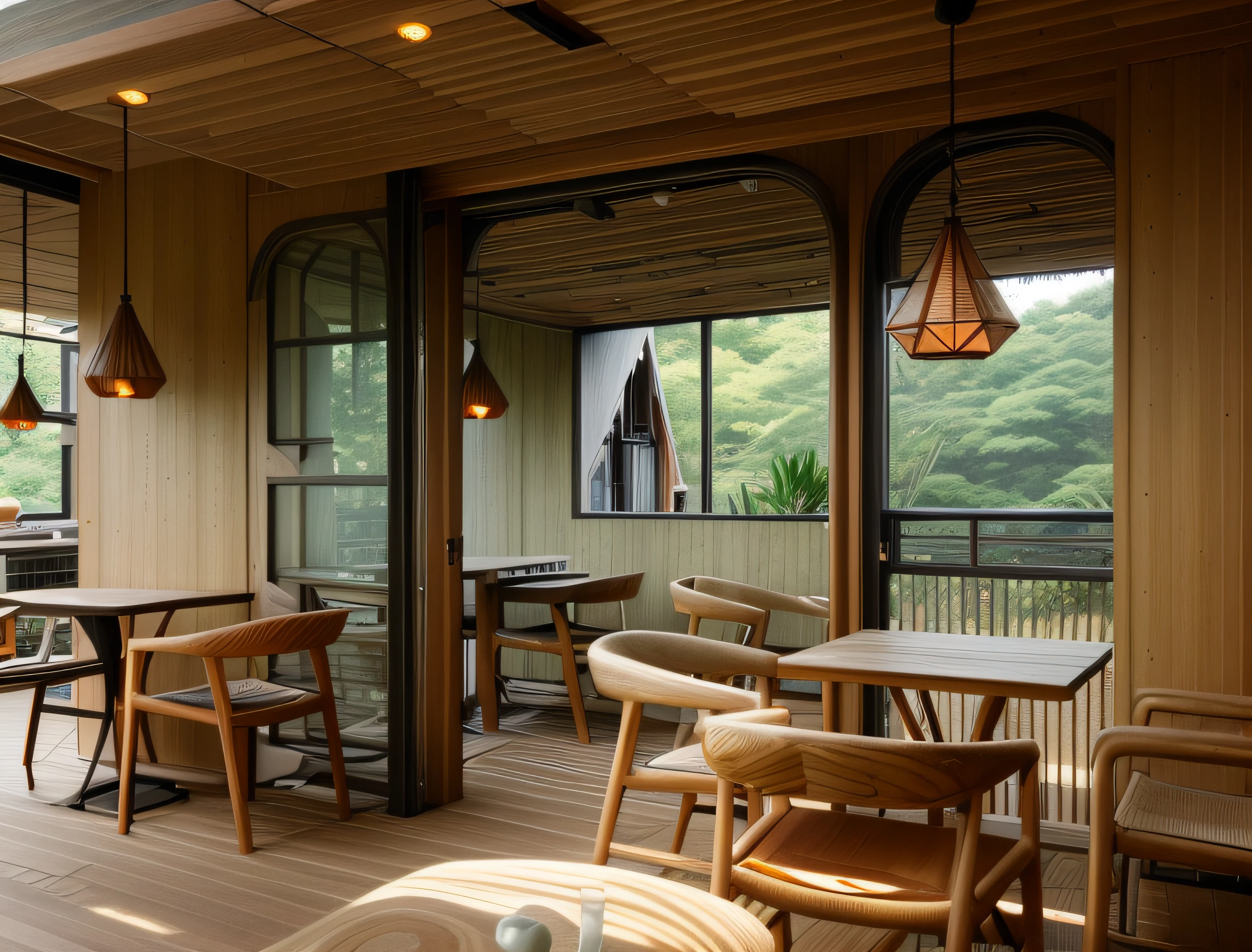 exterior design、Crazy detailed wide-angle building photos、cozy contemporary living room、(Bright warm sunshine 1:0.1)、award-winning contemporary interior design、Landscapes、DL、a chair、in a house、wooden floor、window、dining room、east asian east asian architecture、Sliding paper doors、lamp lights、buliding、the woods、naturey、Cups、A plant、exterior design、Insert lights and shadows、depth of fields、low illuminance