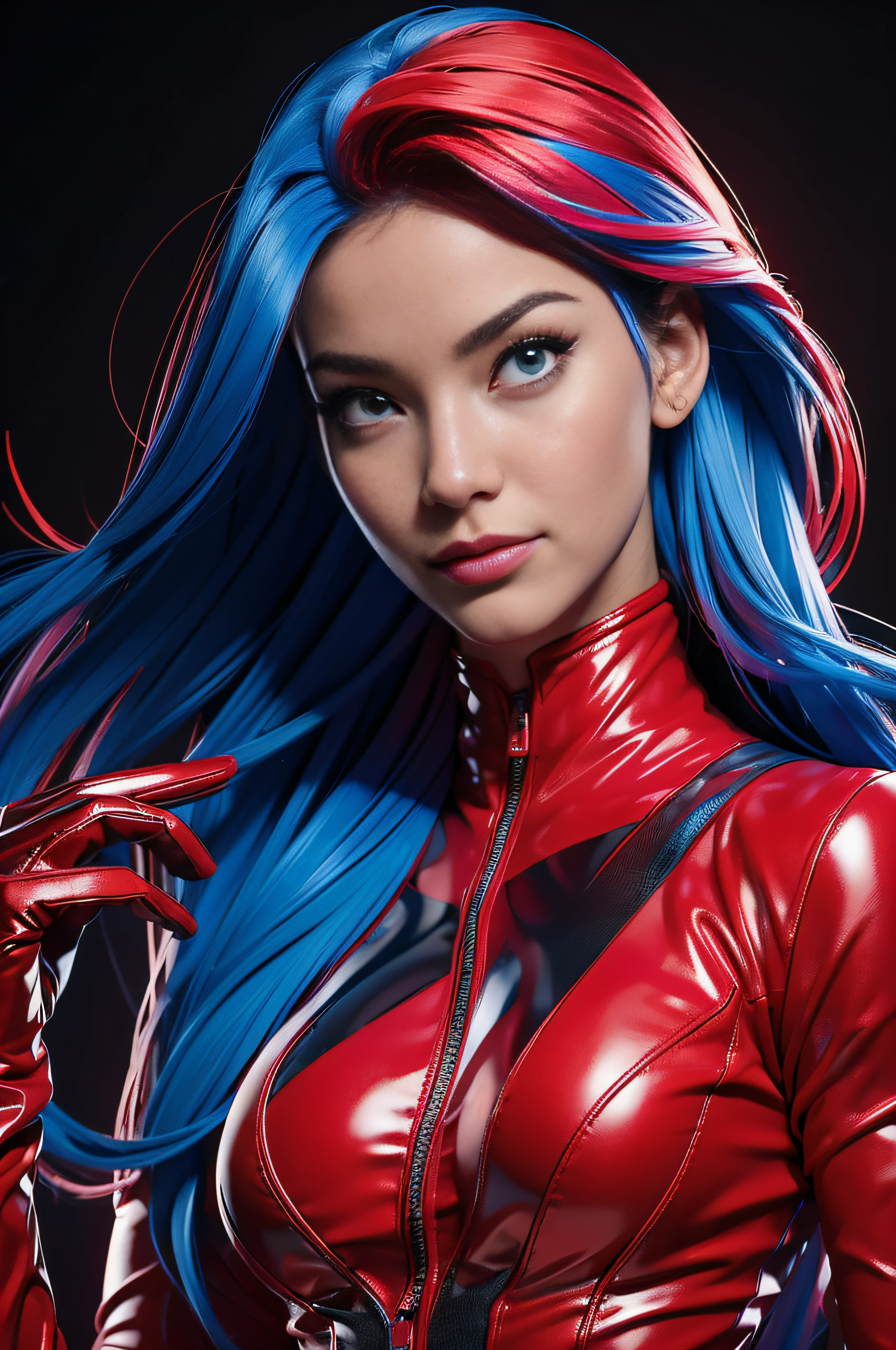 (best quality, high-resolution, realistic portrait:1.2), vibrant colors, soft lighting, woman, red and electric blue hair, nylon bodystocking, metallic gloves, black and red background