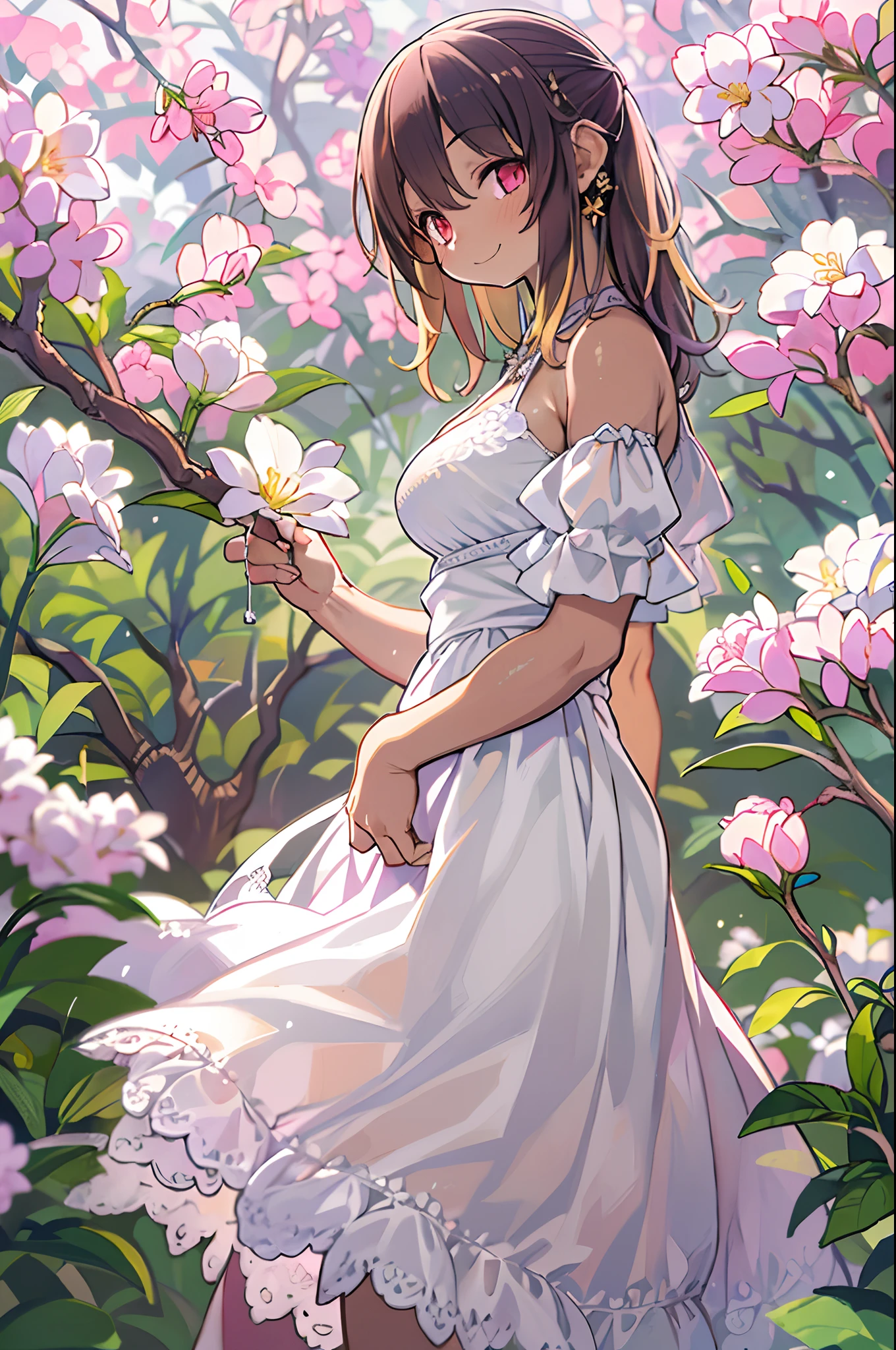Best Quality, masutepiece, Ultra High Resolution (Photorealistic: 1.4), Raw photo, 1 girl, White Dress, Bare shoulders, A pink flower garden blooms profusely, Glowing skin, slight smile