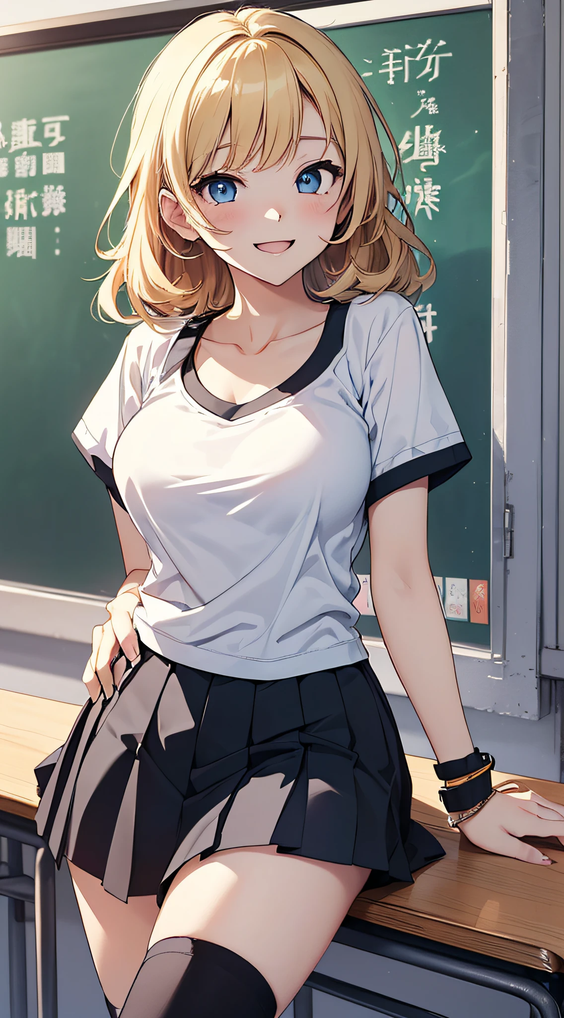 top-quality、Top image quality、masterpiece、girl with((18year old、student clothes、White short-sleeved Y-shirt、Black Sports Bra、Blue short skirt、Best Bust、Bust 85、a blond、Longhaire、Blue eyes、open chest wide、Happiness、Black wristband on wrist、A slender、a smile、Sexy Shots、))hiquality、visualart、Anime style、Background with((Morning School、Classroom))、masutepiece、
