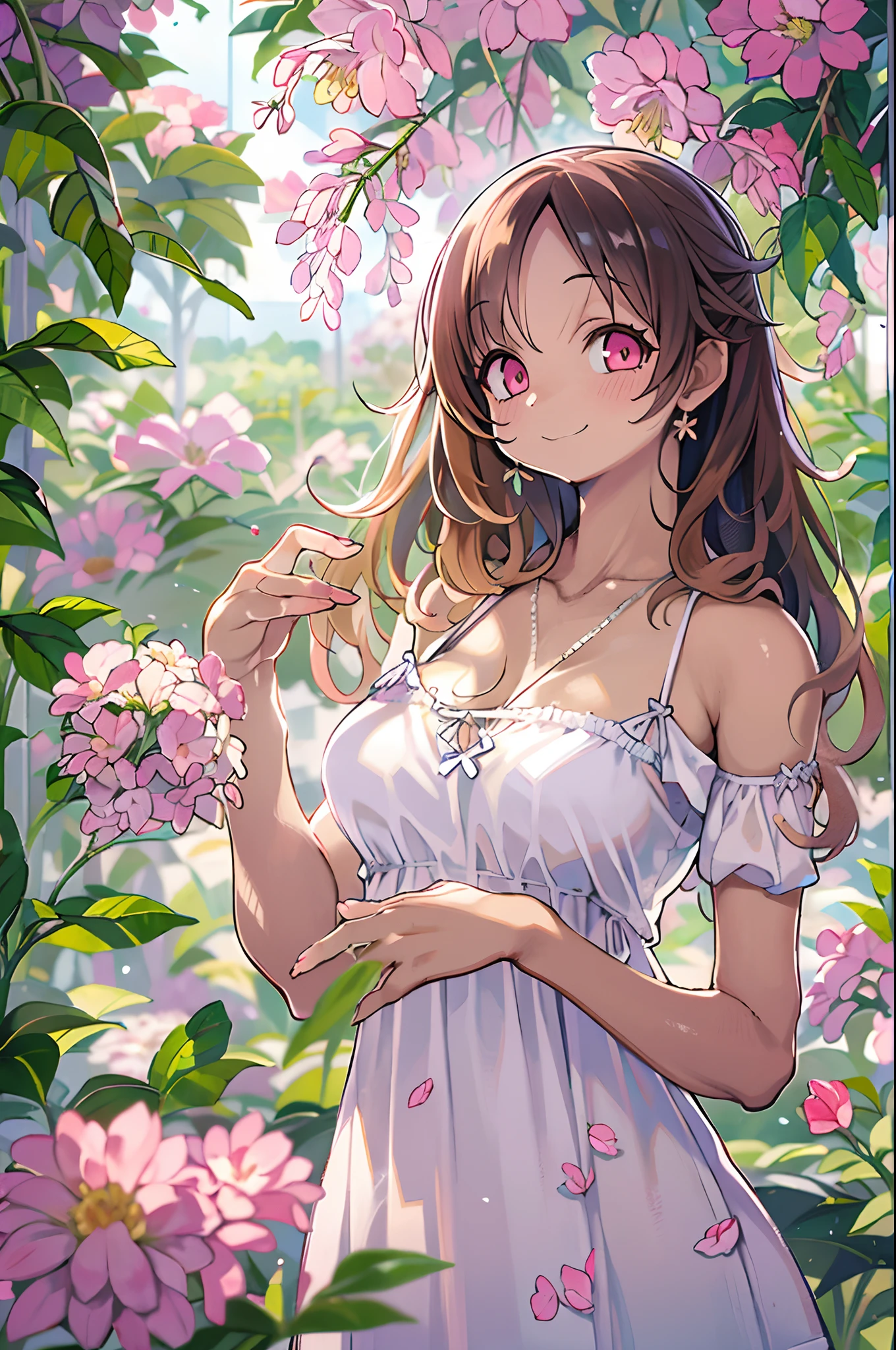 Best Quality, masutepiece, Ultra High Resolution (Photorealistic: 1.4), Raw photo, 1 girl, White Dress, Bare shoulders, A pink flower garden blooms profusely, Glowing skin, slight smile