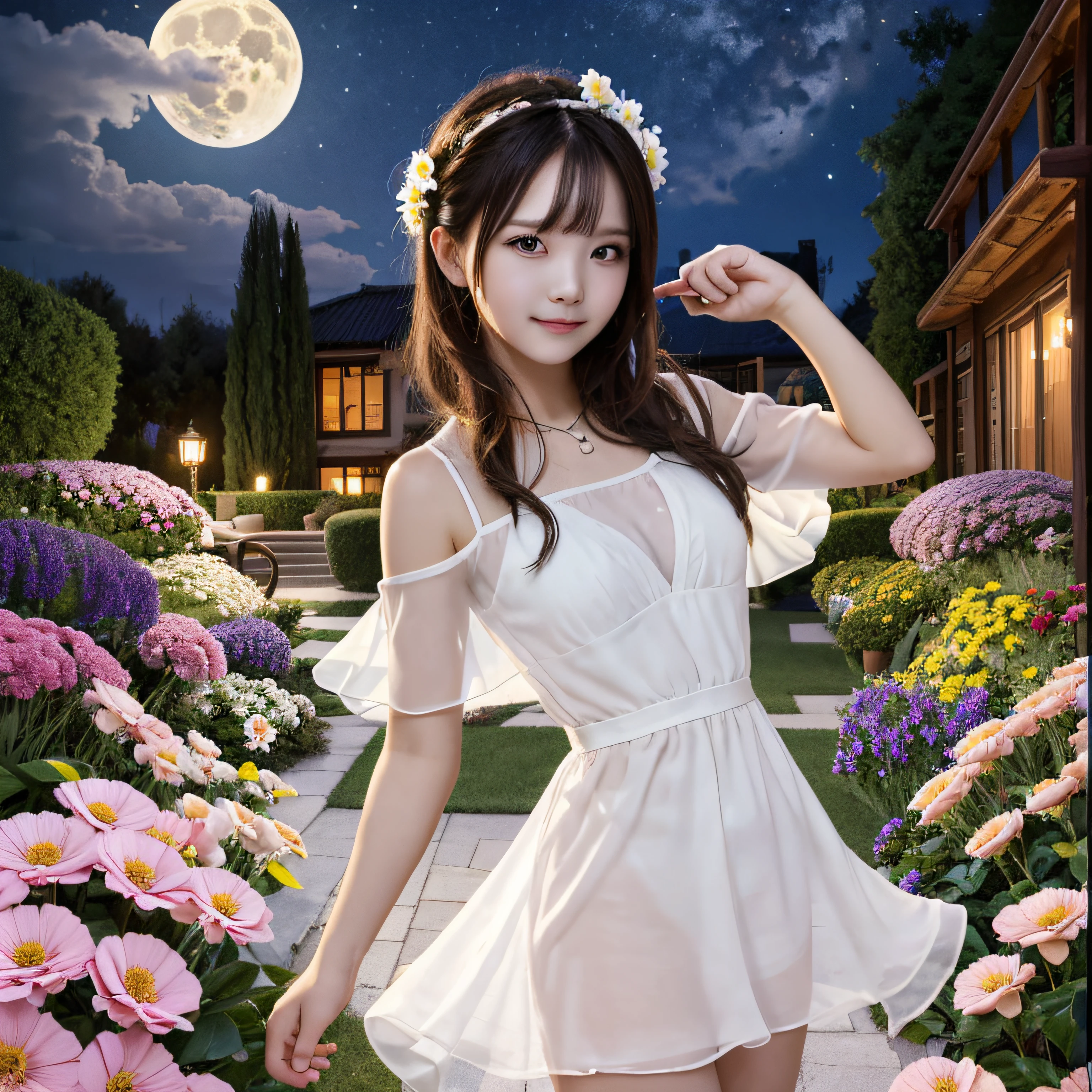 Best Quality, high_resolution, Distinct_image, Detailed background ,girl, White Flare Chiffon Short Dress,flower,garden,Moon, Night,