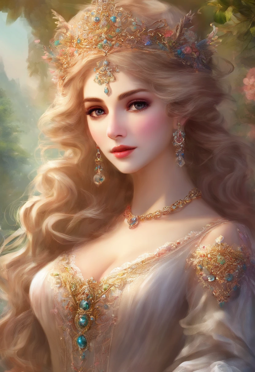 Lady of the French court,Rococo puffy skirt,(Extremely Delicately Beautiful:1.2),8k,(tmasterpiece:1.0),(best_quality:1.0),1girll,Mature woman,Complicated details,enlarged textures,Complicated details,Fine eyes and detailed face,Complicated details,(Keep one's mouth shut),perfect eyes,Equal eyes,Perfect body,extremely detailed nipple,Extremely realistic 3D,Raised sexy,brunette color hair,((Very detailed eyes))gro,Delicate eyeliner。long eyelasher,greene eyes,Black pupils,There is starlight in the eyes,Delicate lip detailing,Oil painting quality,Thick painting style,Fantasy Forest,Candy Cottage