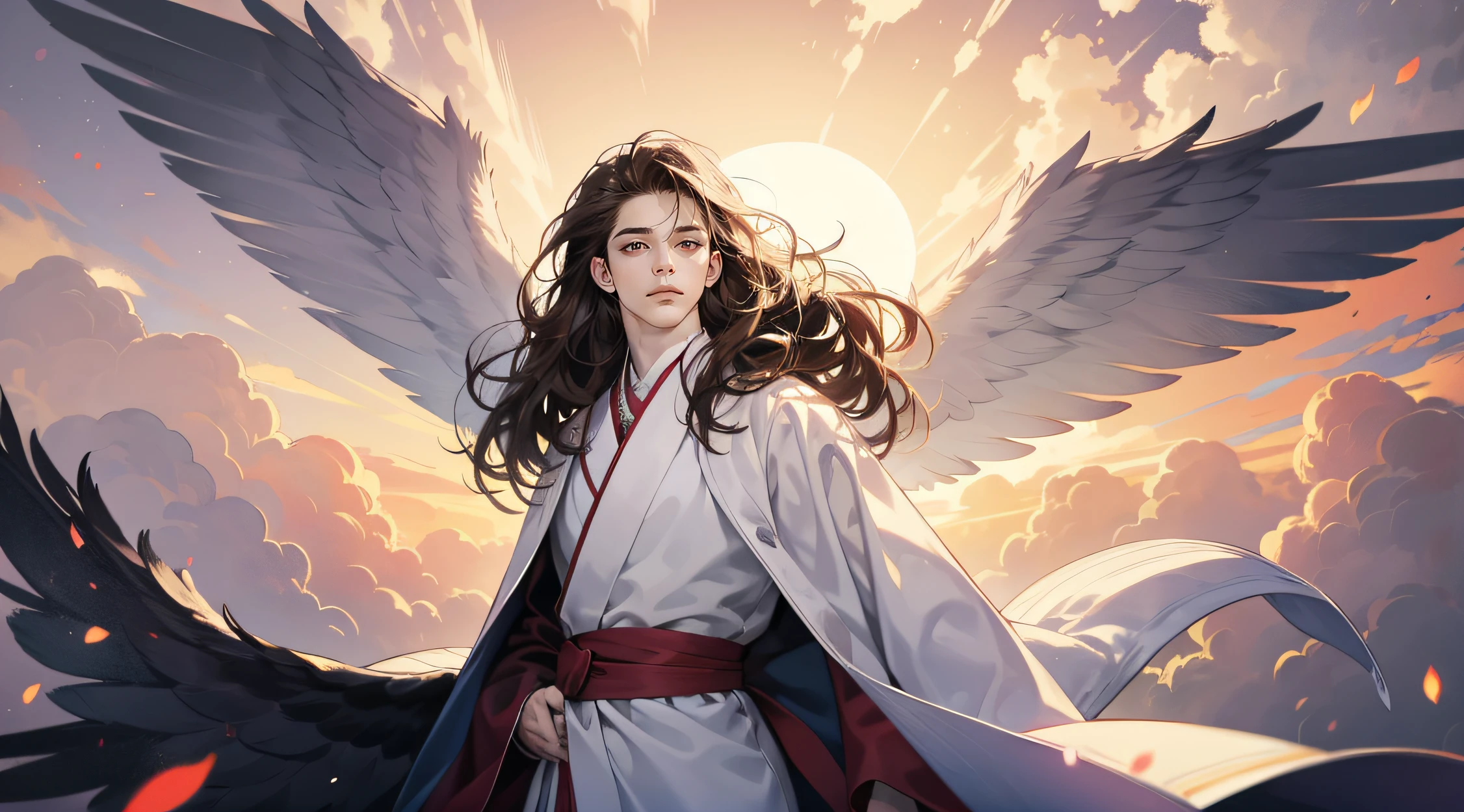 mature boy, brilliant Sun light, 4k, masterpiece, high quality, 8k, high quality details, soft dull lighting, floating particles, heaven background, paradise, white pale skin, wavy dark hair, flying bangs, side view, heaven style, clouds, realistic, flowing hair, white robe , soft red eyes, expressionless, 1male, androgynously, robed figure, 6 wings, winged, siren, winged man, looking at viewer, cowboy shot, tall muscular guy, priest, big feathered wings, fabric strip, 8K wallpaper