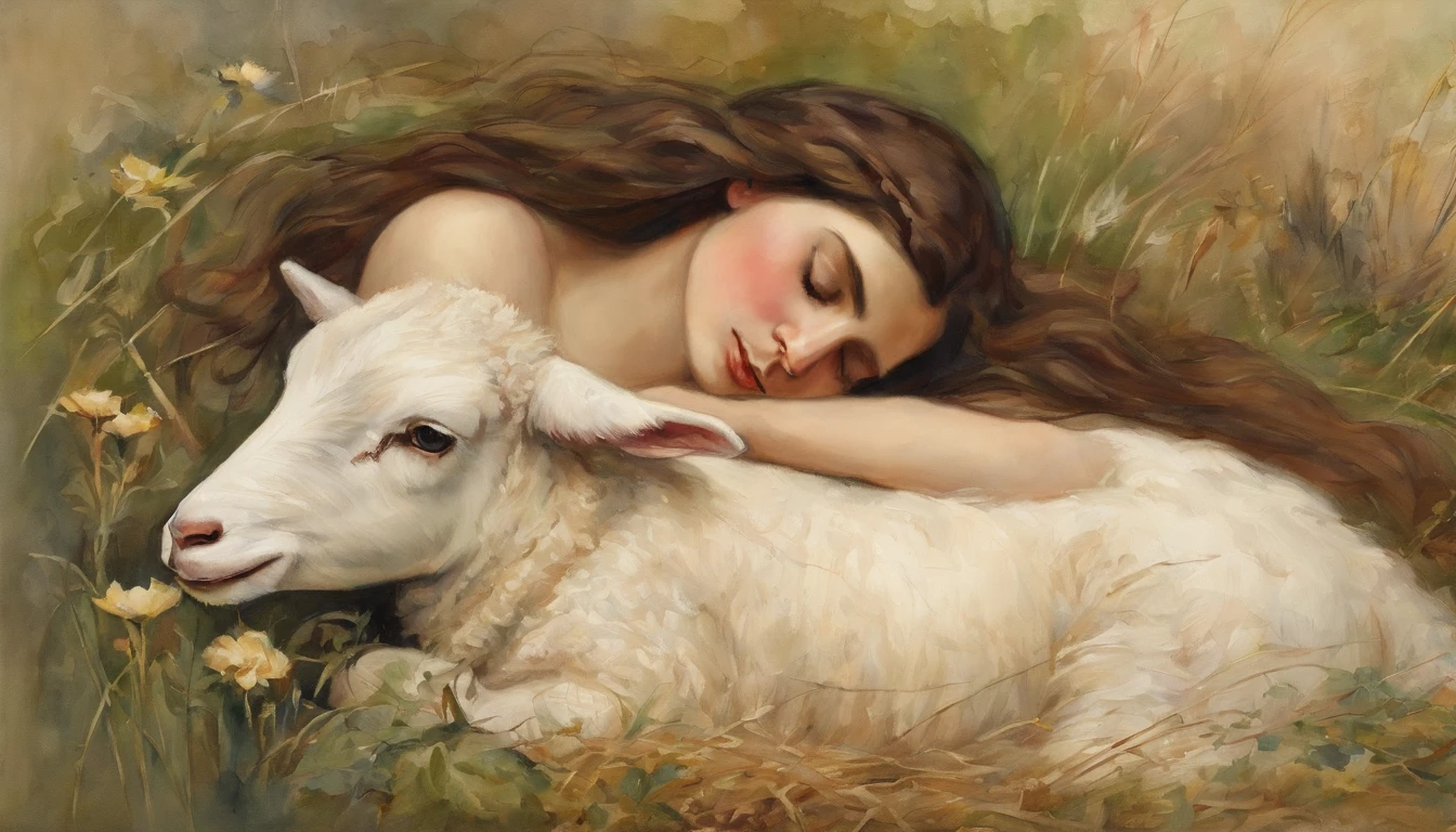 William waterhouse style painting {high quality} {beautiful face}, long dark hair maiden in meadow laying in a haystack, holding baby lamb