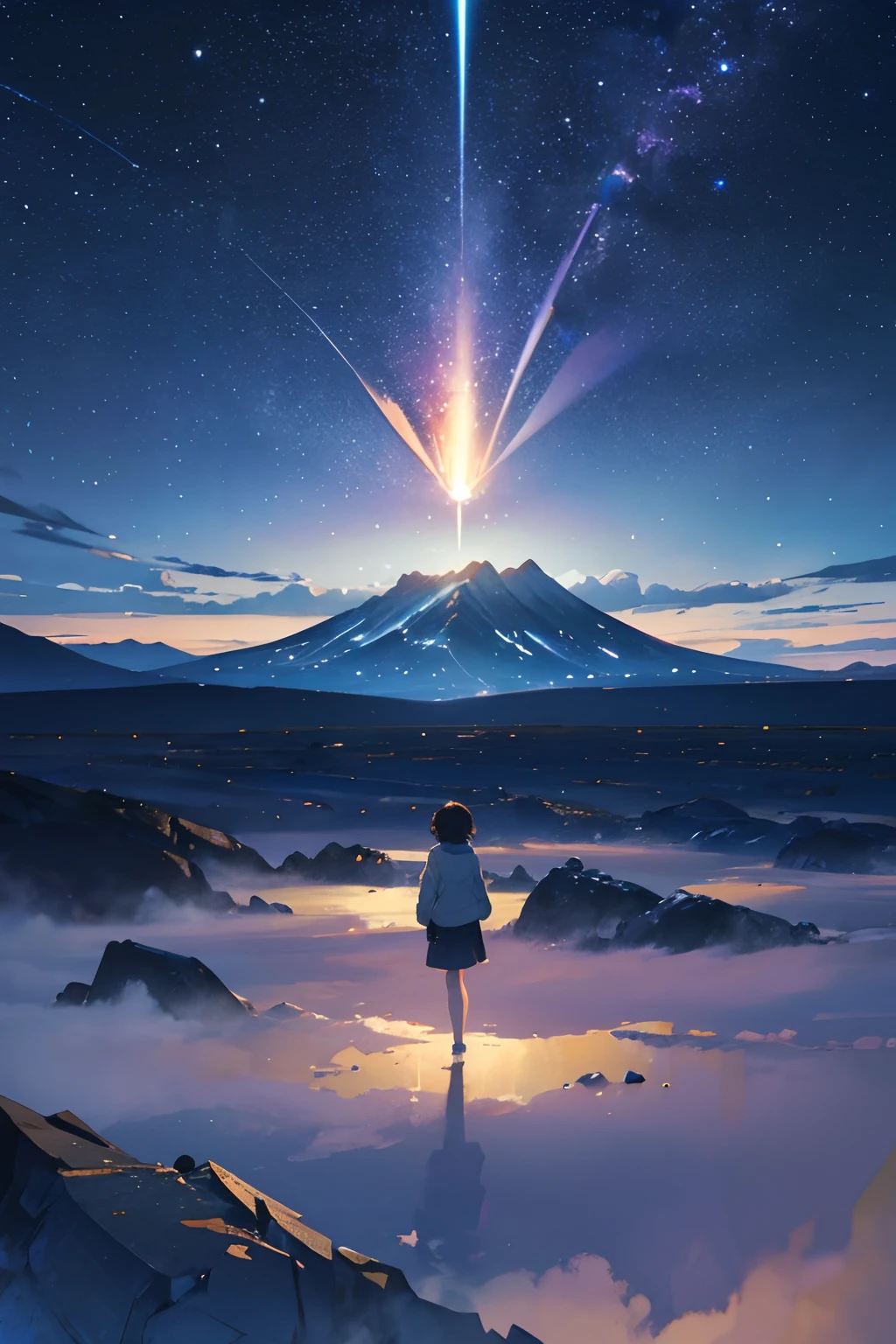 Create exquisite illustrations reminiscent of Makoto Shinkai's style, It has ultra-fine details and top-notch quality. Create an illustration of a giant meteorite rushing towards the Earth, In the night sky decorated with a canopy of twinkling stars. The pure beauty and majesty of the meteorite is、When you get close to the planet, it almost looks like another world. Despite the imminent danger, There is something to be awe-inspiring, Dreamy quality to the scene. The juxtaposition of the impending celestial catastrophe and the calm starry background、Creates a captivating and unforgettable visual narrative.