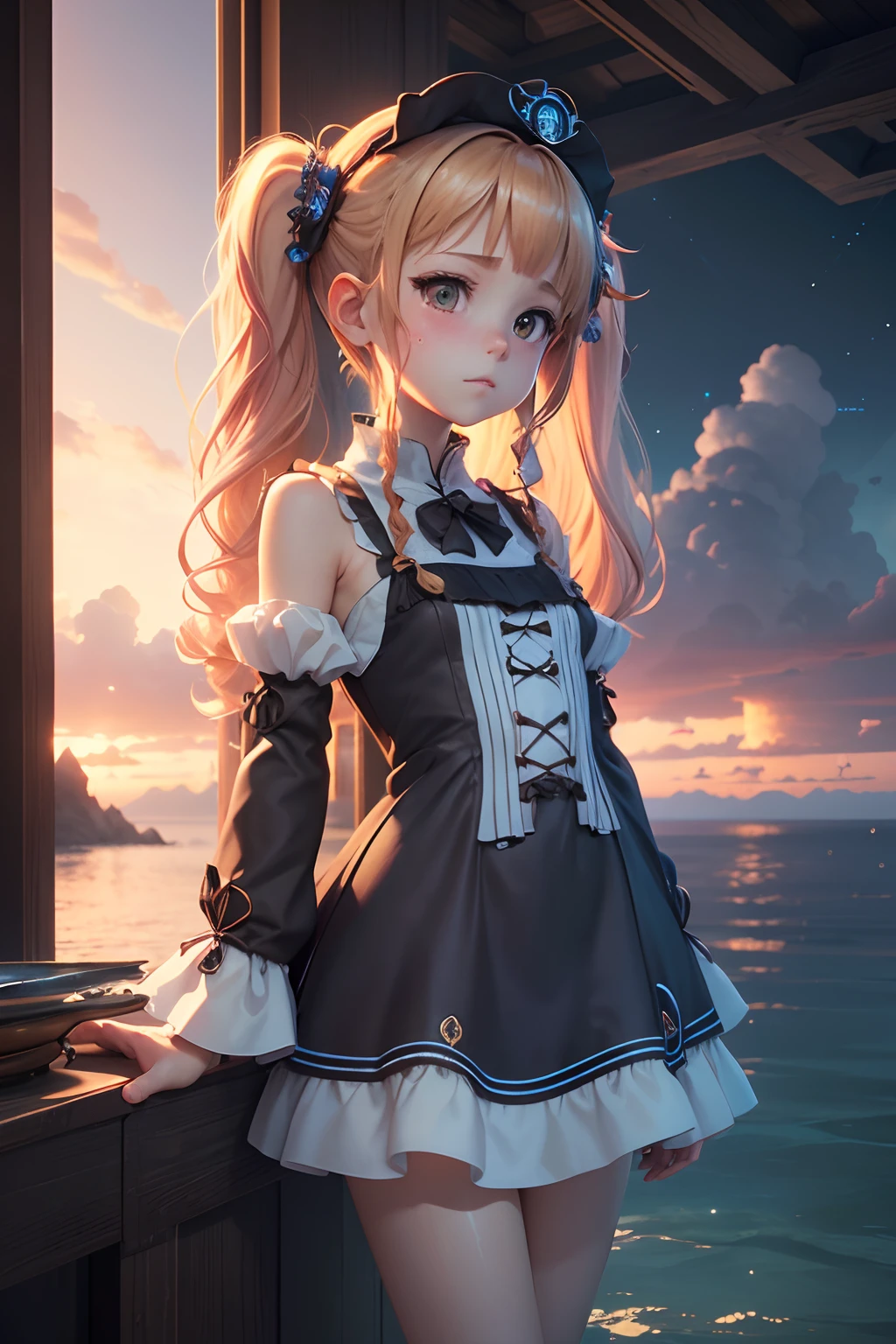 Painting of fantasy worlds beyond dimensions,Undersea World,Atlantis,Science fiction,upright,Studio Ghibli,Unreal Engine,epic composition,CG Digital Rendering,Ultra HD,The technique is very detailed,Triad color scheme,((Cute 3D Anime Slender Girl Rendering)),((Brown maid clothes)),Twin tails with red earrings and long blonde hair,Angle from above,from the front side,Looking up at the sky, a closeup, summertime, 8K portrait rendering, Smooth Anime CG Art, Rin,(((Blushing face,embarrassed from,)))