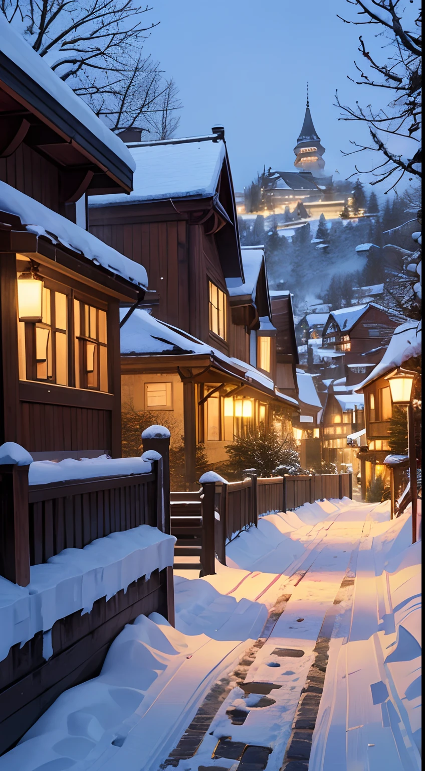 In this mesmerizing winter scene, an ancient village lies nestled amidst a pristine blanket of snow. The old timber-framed houses, adorned with flickering candlelight, exude a warm and inviting glow. Snow-laden cobblestone streets wind through the village, leading to a picturesque central square. In the distance, the towering steeple of a quaint church rises against the backdrop of a serene, snow-covered landscape.