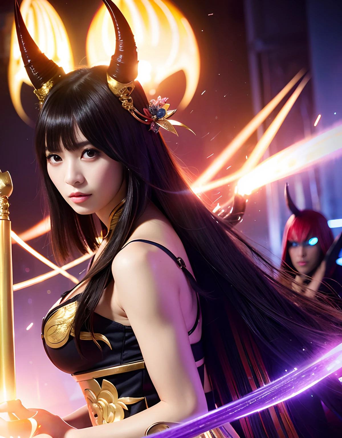 ((World of Darkness)),Professional , ​masterpiece、top-quality、photos realistic , depth of fields 、（Maiko's hairstyle）、(Background of cherry blossoms in full bloom),（Ultimate Beauty）、Red-haired、（Fight ninjas)、（Kimono with beautiful pattern）、（Night background）、（（a dark night））,(Wear a beautiful kimono),（Wear a beautiful kimono with colorful floral patterns）、Jewel Gold Weapon、Particles of light),（Has a devil's mask）、Gorgeous gold weapons ,（（ Gorgeous Dragon Sword）） , （a dark night）,,（maikurobikini） 、（（Black Haired Beautiful Girl））、（Castle background）、（demonic wings）、（（Gangle's forest background））、Beautiful Caucasian beauty、１a person、dynamic ungle,(((Two devil's horns on the head)))、Smaller head、Idle Smile、Thin and beautiful female hands、Mystical expression、Light Effects、intense fighting、Wind-effect、magic circles、With the legendary magic wand、Dragon's tail、Anatomically correct body、