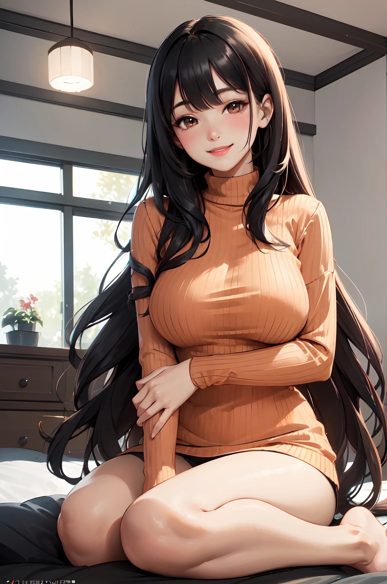 /(modern house indoors/), 1lady solo, mature female, ribbed sweater orange, /(black hair/) bangs, blush kind smile, (masterpiece best quality:1.2) delicate illustration ultra-detailed, large breast