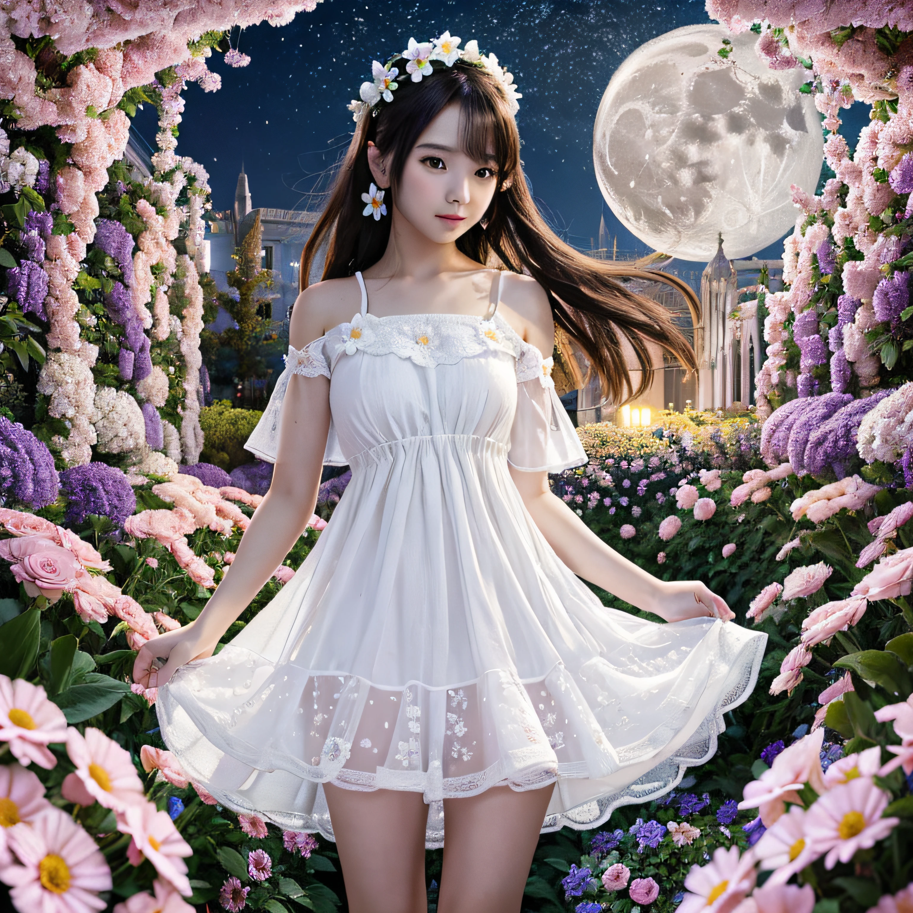 Best Quality, high_resolution, Distinct_image, Detailed background ,girl, White Flare Chiffon Short Dress,flower,garden,Moon, Night,