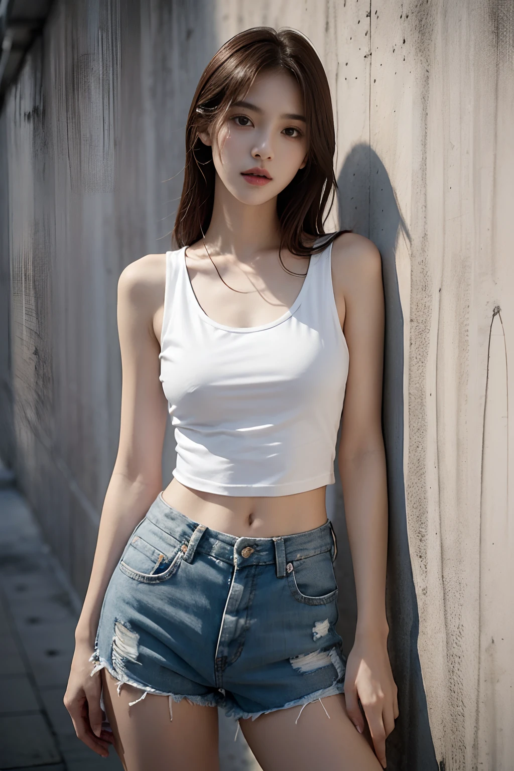 Girl in white tank top and racy jersey shorts、full body Esbian、Cropped T-shirt、bra very、Slim body、Slim Girl Model、18-year-old female model、Leaning against a clean wall、Korean Pretty Lady、blackpink,、