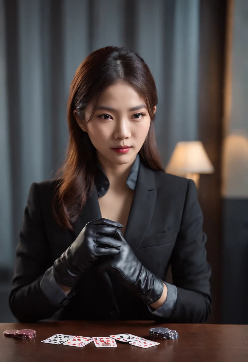 A young Japanese woman with a black suit up to a shirt and playing cards with black leather gloves on both hands