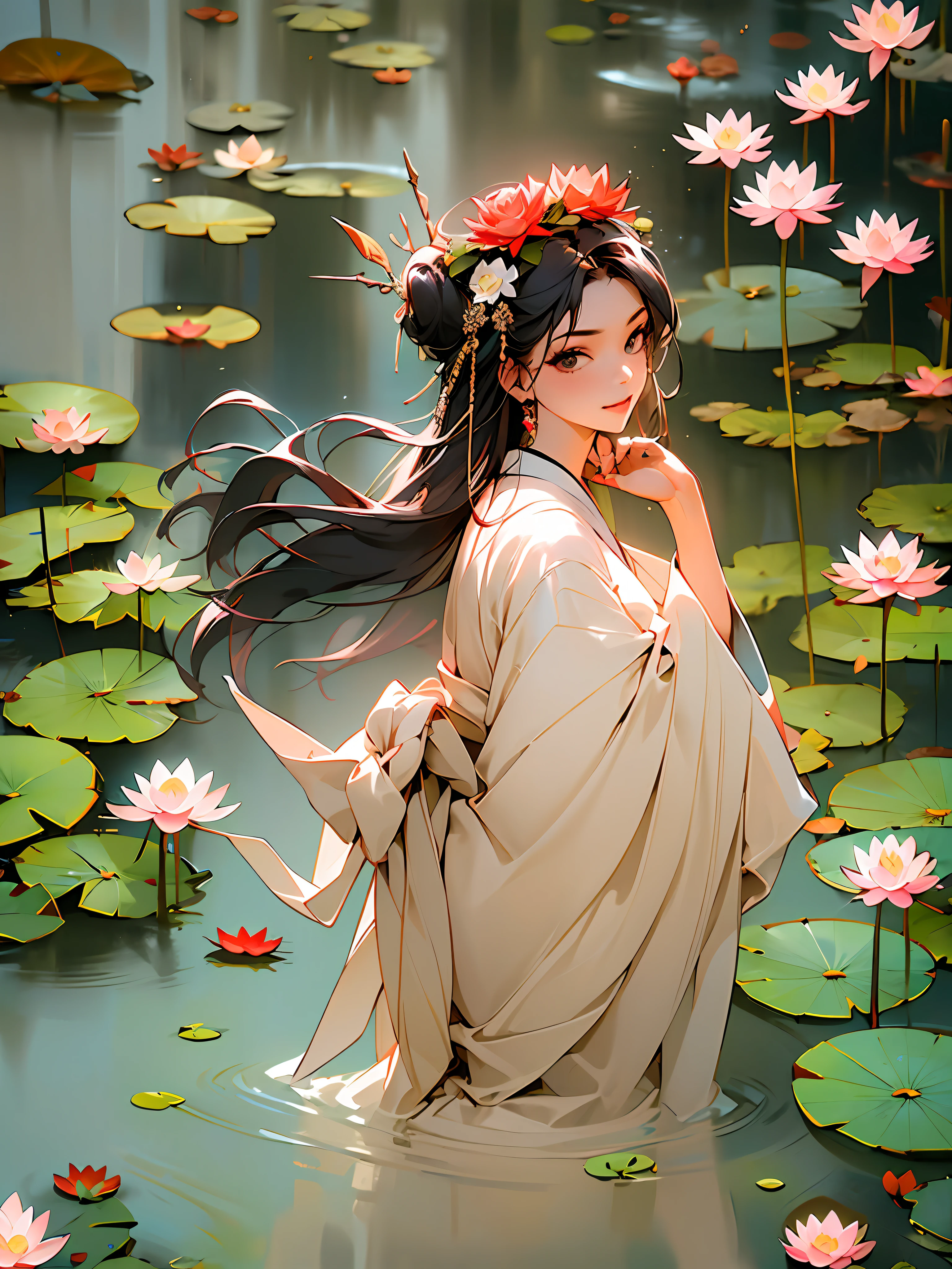 In ancient Chinese mythology, a beautiful fairy sat on a withered tree branch, holding a lotus flower in her hand. Her beautiful face was adorned with a double ringed bun, three white floral hair accessories, a light pink Hanfu long dress, and a yellow gourd shaped jade pendant was tied around her waist. Her long sleeves fluttered, and she wore fairy ribbons. Her green plush shawl filled with fairy air, which was a traditional Chinese art form,