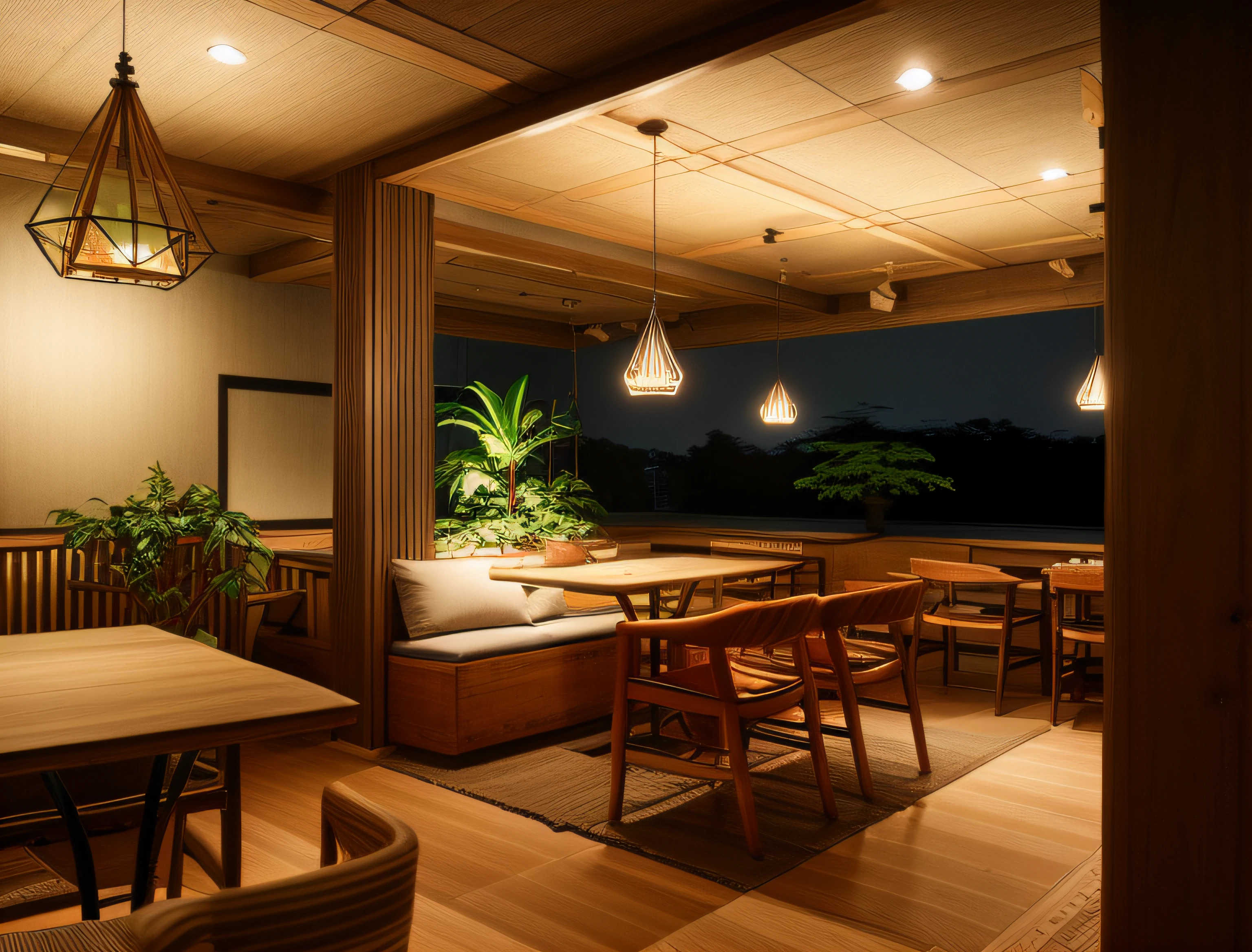 exterior design、Crazy detailed wide-angle building photos、cozy contemporary living room、(Bright warm sunshine 1:0.1)、award-winning contemporary interior design、Landscapes、DL、a chair、in a house、wooden floor、window、dining room、east asian east asian architecture、Sliding paper doors、lamp lights、buliding、the woods、naturey、Cups、A plant、exterior design、Insert lights and shadows、depth of fields、low illuminance