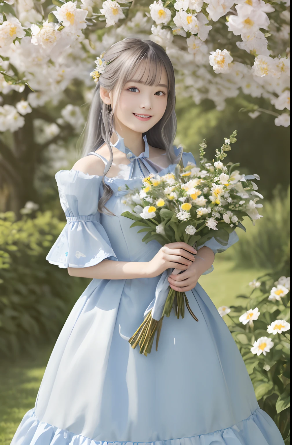 (masterpiece、top-quality、illustratio、Extremely high quality、high-level image quality、Extremely sensitive writing)Girl with long silver hair standing in beautiful flowery garden、A slight smile、She has a large bouquet、Cute national costume style dress with ruffles on the shoulders、Hair fluttering in the wind