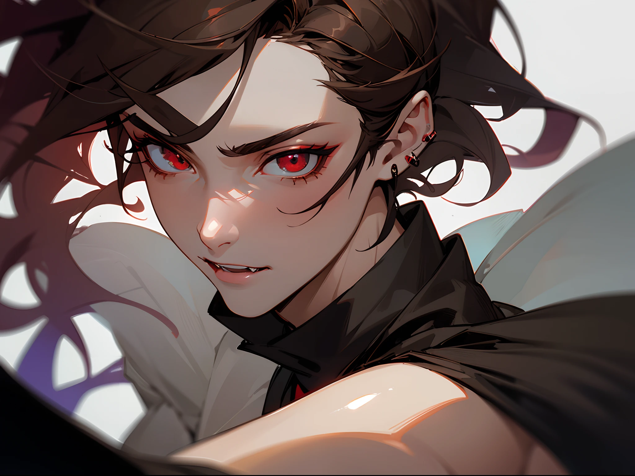 ((tmasterpiece)),(((beste-Qualit))), Close-up of sexy man with brown hair and white body, Subsurface scattering skin, Attractive humanoid, (vampires), no shirt, high detail, stylized portrait, character close up, Only the head and torso, androgynous face, Skinny fantasy man, Fan art, Art, handsome male, pale skin, red-eyes, Skinny face, sunken cheeks, Sharp fangs, Beautiful deep gaze, Seductive look, Melancholic appearance, sharp chin, Smooth face, black cloak, Dark clothing, earring in the ear, Hair gradient, hair color from brown to red, thin eyebrows, short hair on the side, pixie hairstyle, Wavy Hair, Dark Forest, the night, dim moonlight, Silvery mist, blood on the lips