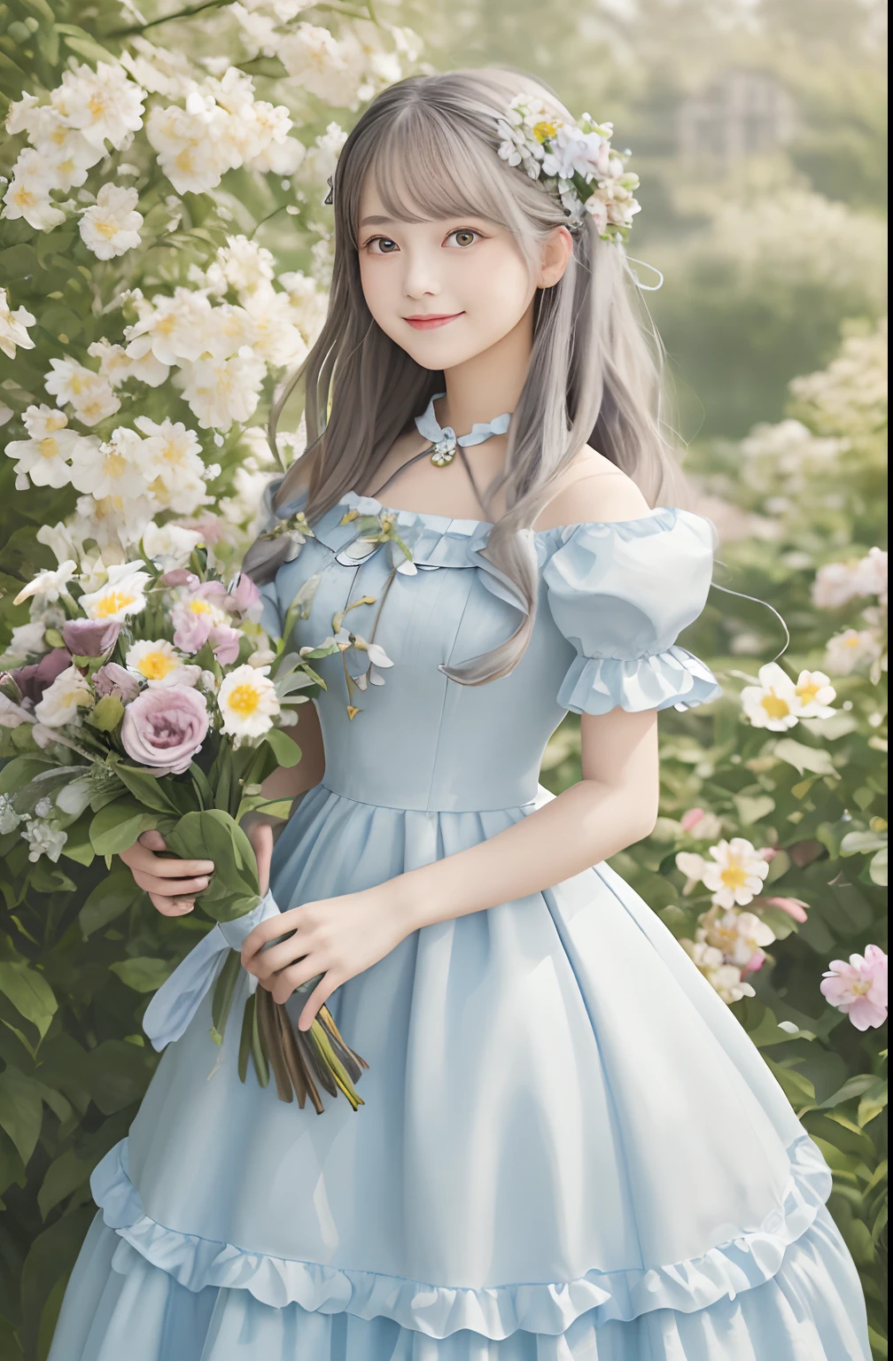 (masterpiece、top-quality、illustratio、Extremely high quality、high-level image quality、Extremely sensitive writing)Girl with long silver hair standing in beautiful flowery garden、A slight smile、She has a large bouquet、Cute national costume style dress with ruffles on the shoulders、Hair fluttering in the wind