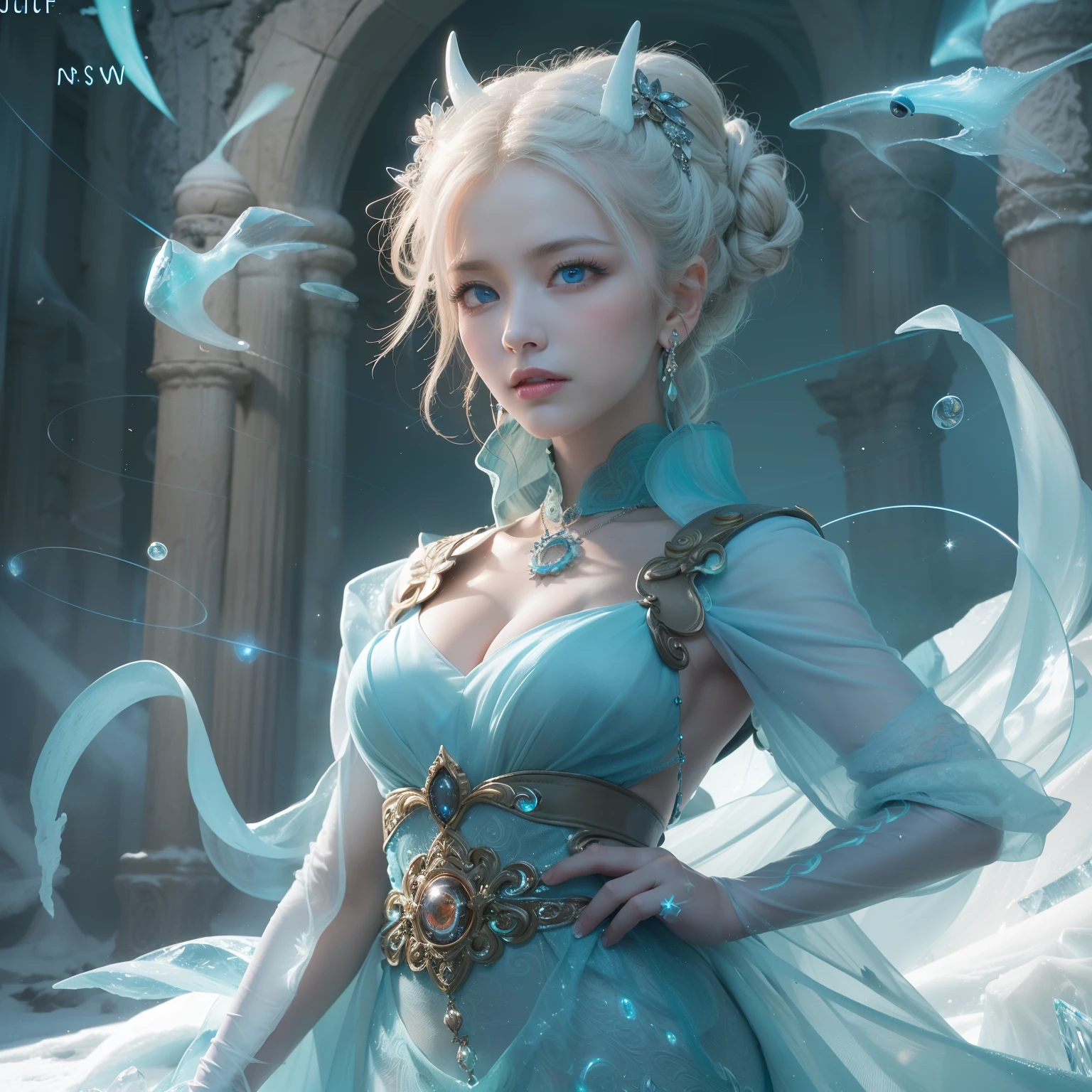 (number々Award-winning masterpieces of, with incredible detail, textures and maximum detail), (Hyper realistic:1.4), (Realistic:1.3), (Top quality real texture skins), (Fine true circle symmetrical eyes), finerly detailed face, ((medieval world)), (full-length portrait:2), ((The Lord's Ice Devil)), ((The Lord's Frozen Frigid Devil)), (full-body view:2), (Brighten and burn your eyes like ice), (She has a mischievous smile on her face), (Eyes glowing blue in the dark:1.5), (A pair of ice blue eyes emitting a strong blue light from the inside:1.5), (full-body standing image:2), Bioluminescence, (Swirling ice and strong wind in the background), (Dramatic light), (A majestic sight), (Her countenance is gentle and beautiful, however、Somehow horrible), Glass earrings on the ears, (dramatic photography:1.4), ((dramatic pose)), (flamboyant photo), (Golden hair), (Silver hair), (Chestnut hair), short cut hair, ((looks up)), ((Looking down)), (Around her neck is a simple necklace of exquisite workmanship), (Bioluminescence with brilliant brilliance:1.3), (Use fancy ice magic:1.2), (Swirling ice and snow), The Great Temple of the Devil, The Devil's Grand Shrine, great temple, great cathedral, temple ruins, detached temple, (Luminous magic circle:1.5), Ruins of an ancient castle, Shining majestic cloud masses and sky, lightning bolt, Epic Realistic, Faded, Art Book, (Greg Rutkowski:0.8), (teal and orange:0.4), (Art Station:1.5), Cinematic, ((Neutral colors)), (nffsw:1.5), (Muted colors:1.2), Hyper Detailed, Dramatic light, (Intricate details:1.1), Complex background,