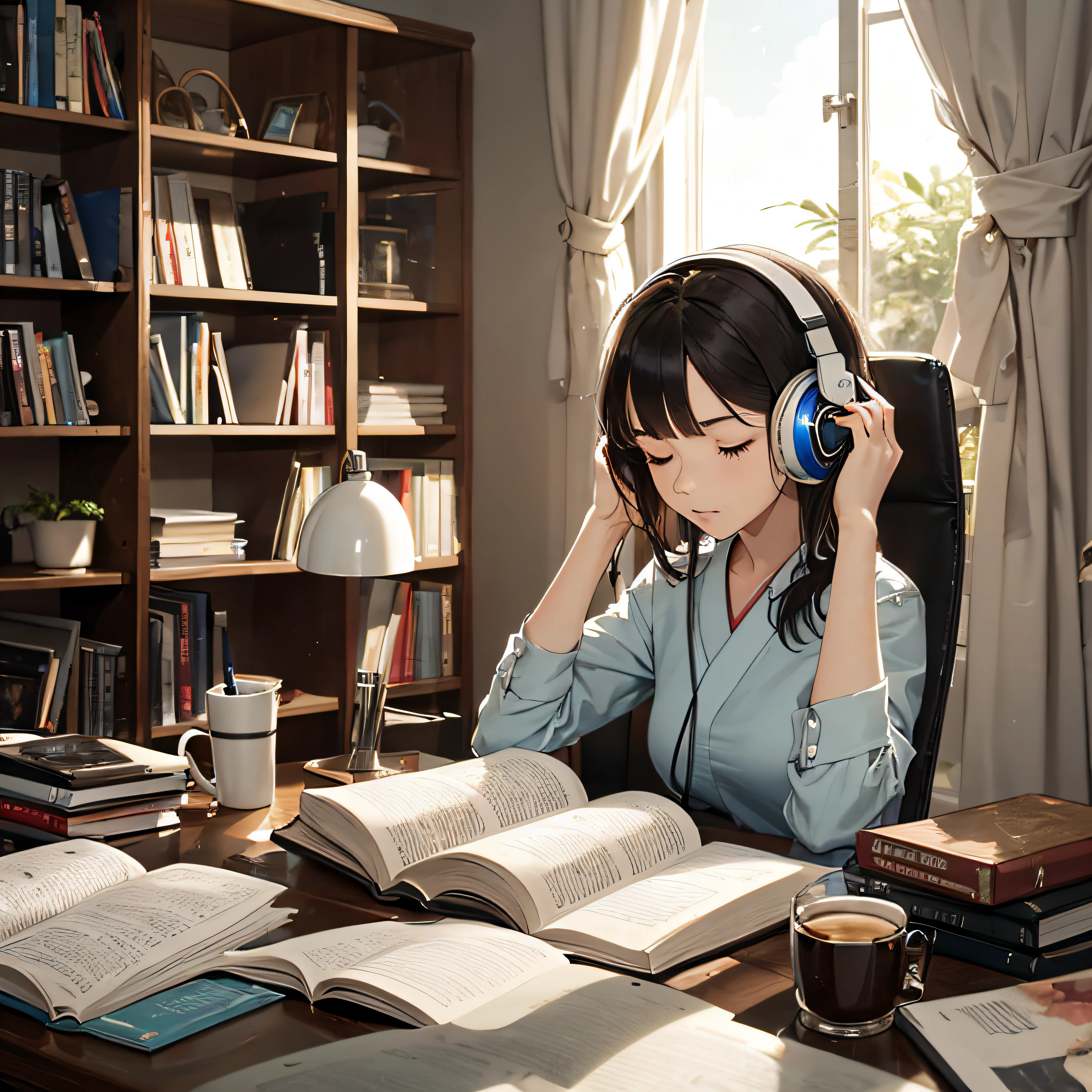 ((lo fi music for study: 1.3) +(japanese aesthetic: 1.1))e(auto-estudo:0.9),Minimalista, Ambiente, cores silenciadas,peaceful, Relaxed, aconchegante,calmo,ritmo lento,conducive for concentration,reconfortante, night time, livro aberto, coffee cup, desk lamp, light rain outside,estudante, headphones on head,leitura, produtivo. --auto