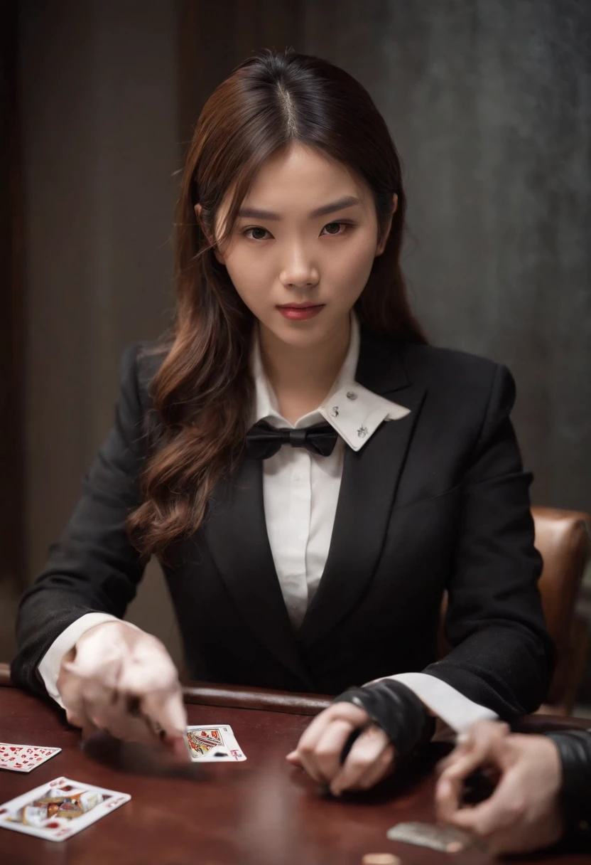 A young Japanese woman with a black suit up to a shirt and playing cards with black leather gloves on both hands