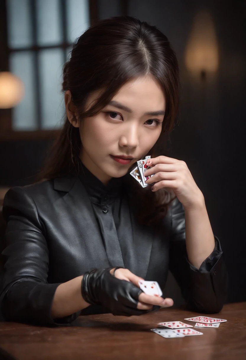 A young Japanese woman with a black suit up to a shirt and playing cards with black leather gloves on both hands