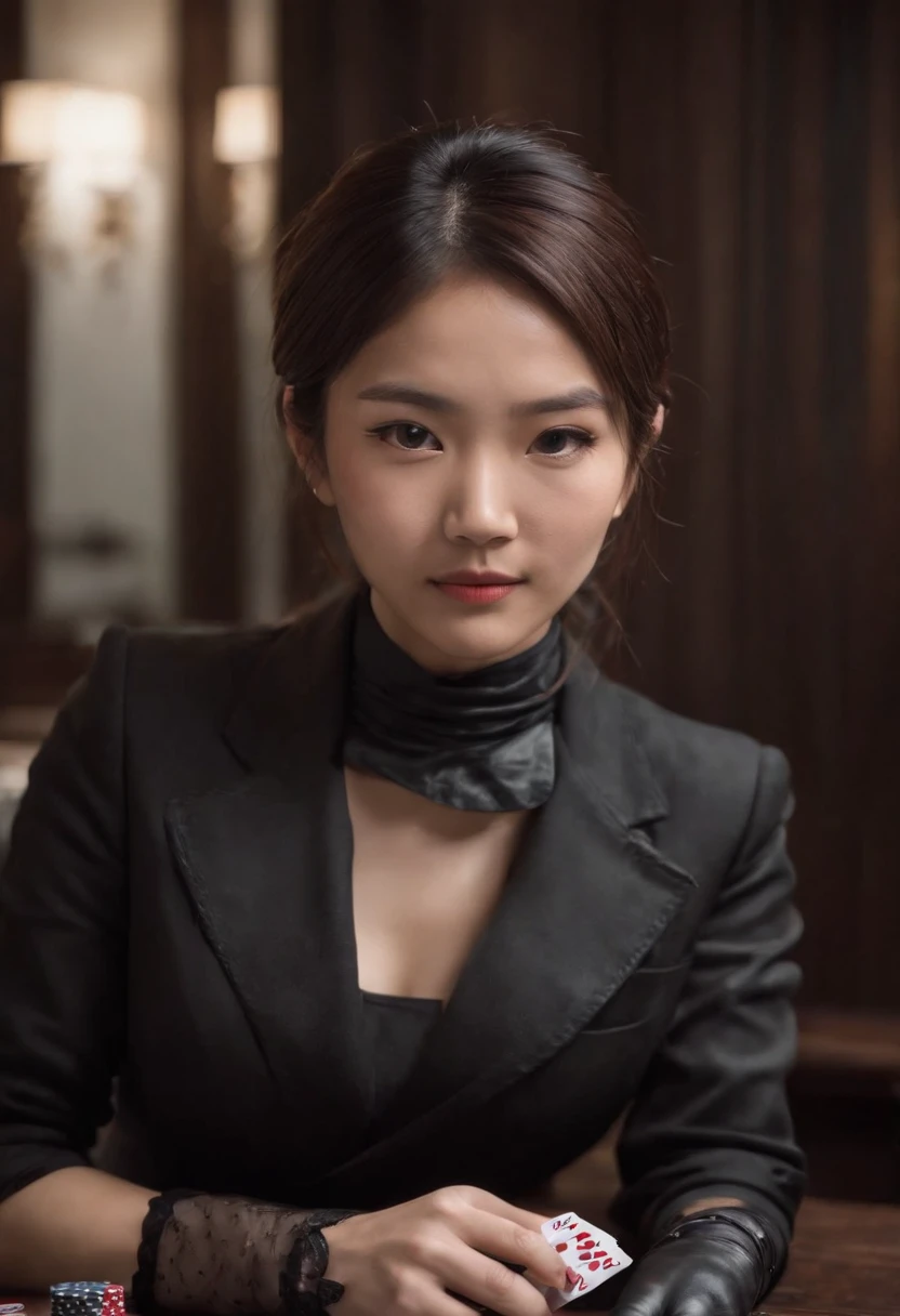 A young Japanese woman with a black suit up to a shirt and playing cards with black leather gloves on both hands