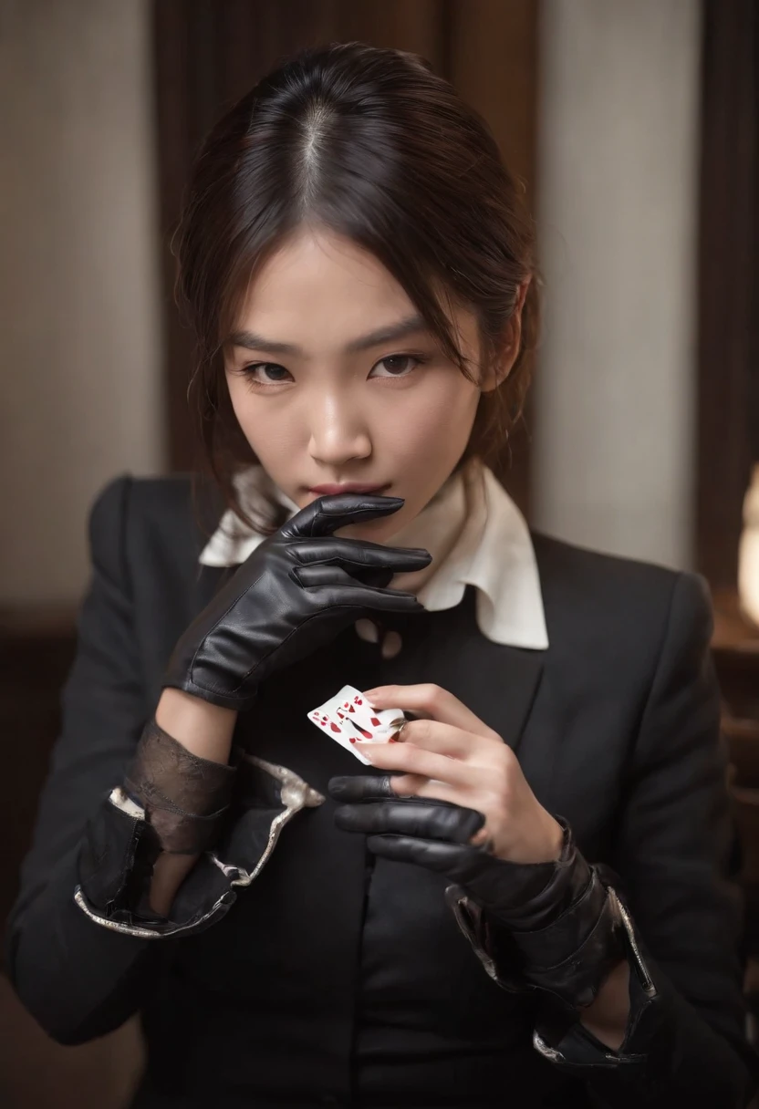 A young Japanese woman with a black suit up to a shirt and playing cards with black leather gloves on both hands