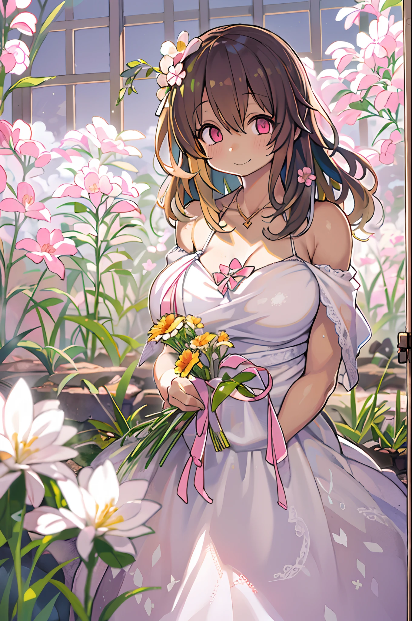 Best Quality, masutepiece, Ultra High Resolution (Photorealistic: 1.4), Raw photo, 1 girl, White Dress, Bare shoulders, A pink flower garden blooms profusely, Glowing skin, slight smile