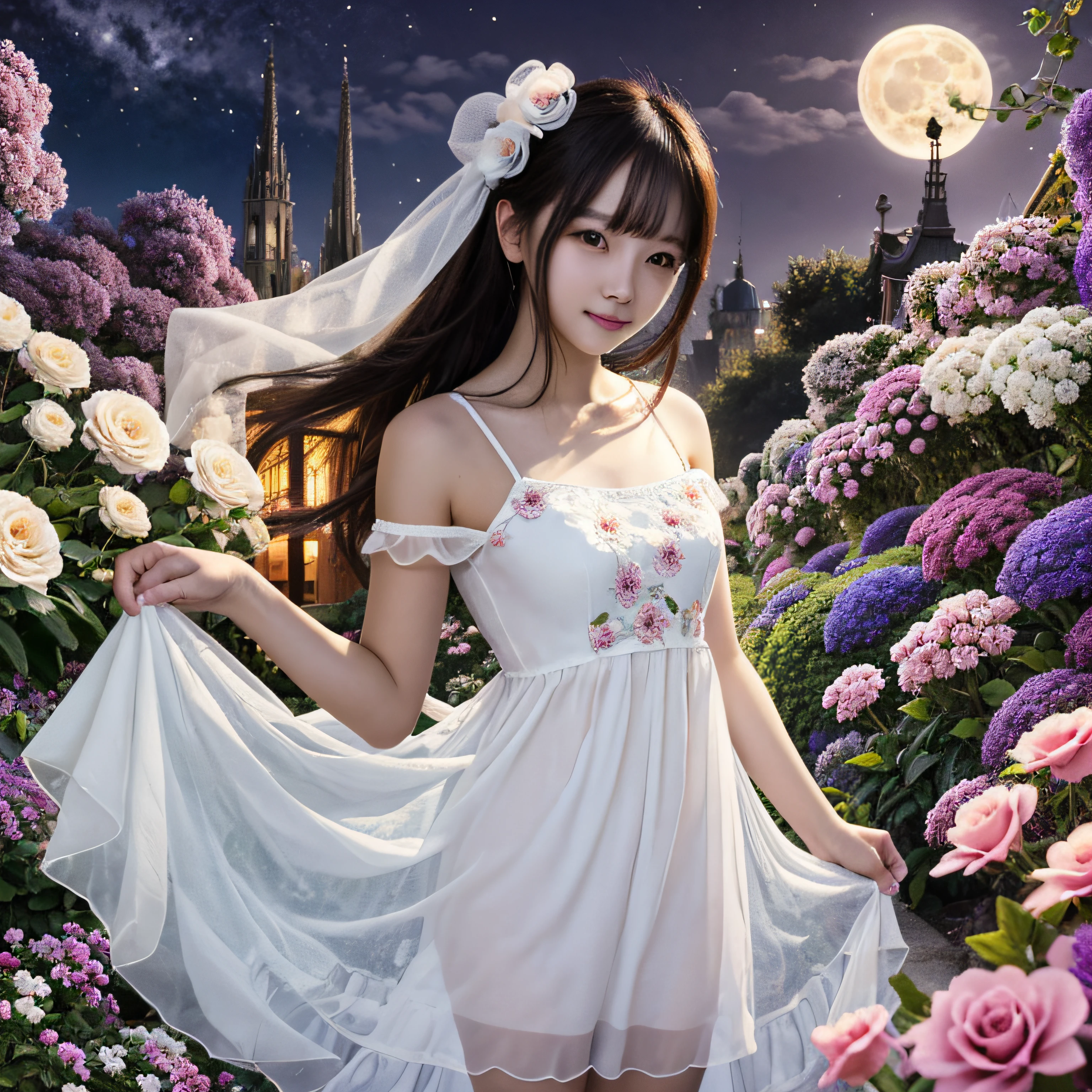 Best Quality, high_resolution, Distinct_image, Detailed background ,girl, White Flare Chiffon Short Dress,flower,garden,Moon, Night,