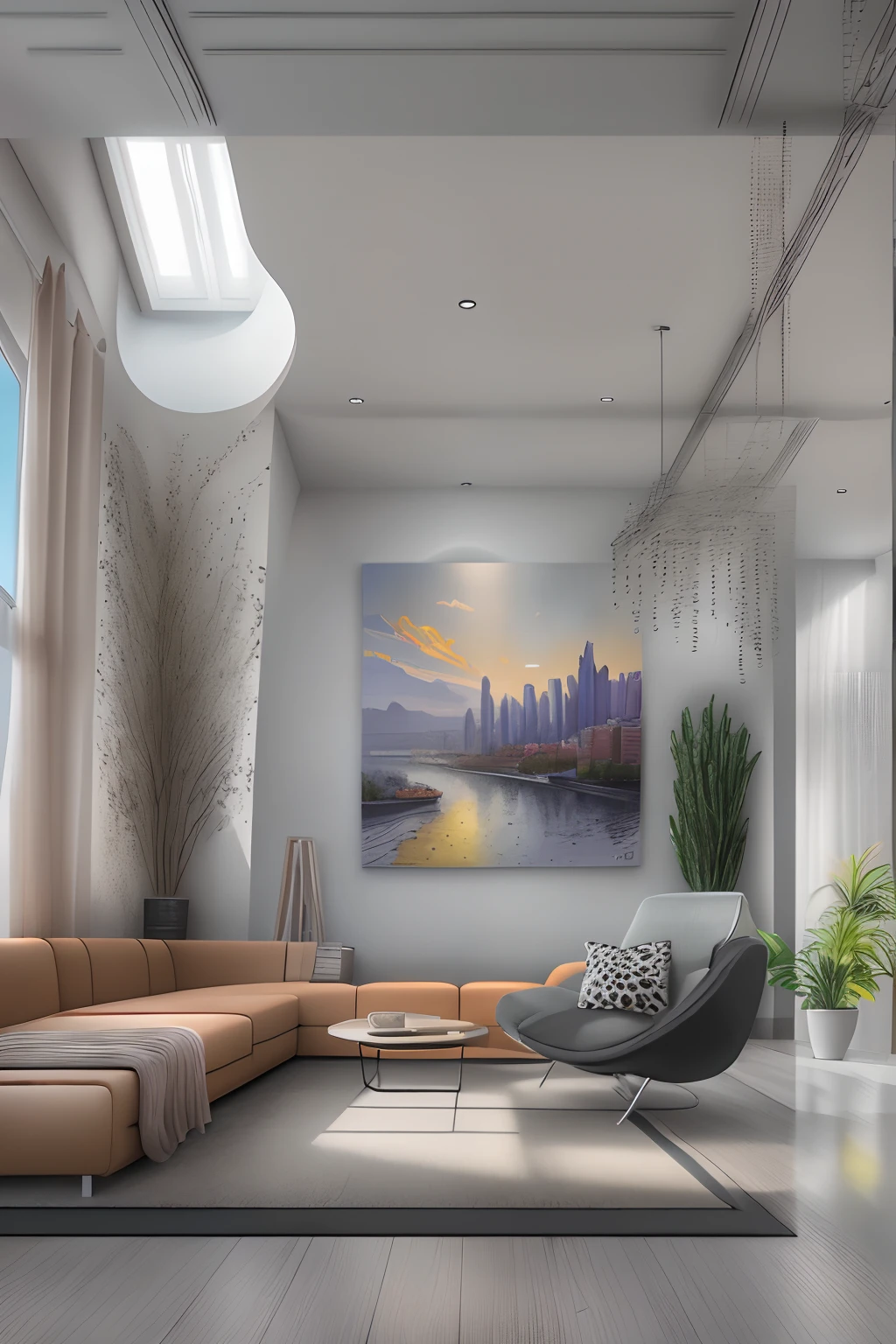 liveroom，There is a wall in the middle of the living room,The painting on the wall is in the middle, Paintings on the walls, skyscape, Large airy windows, Zaha Hadid and Santiago Calatrava landscape panoramic style, Fish, Clear light, Edge lighting, Perfect image, Building summary style, 16k UE5. superfine, 8K, hdr, Product photography, Depth of field, Nikon D850, Ultra-realistic, no contrast, clean sharp focus, professional, No blurring