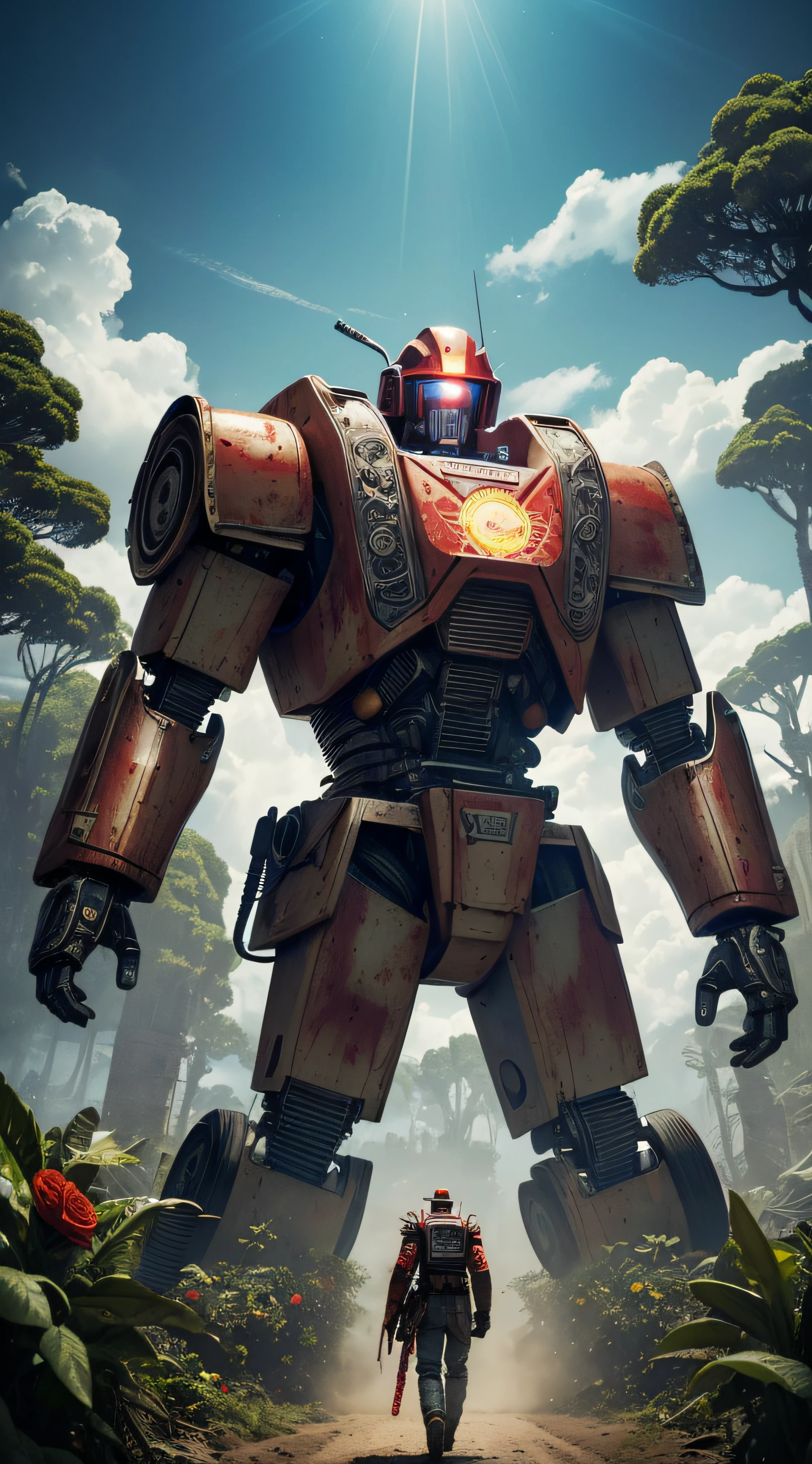 (extremadamente detallado, obra maestra, La mejor calidad, foto antigua, principios de siglo, VHS Aesthetics) Great retro robot with blood in robotic hands. cannons on his back. chainsaws. In the middle of a strange jungle. Vegetables from another dimension. Epic flowers far away, organic trees with meat. Light Volumetric