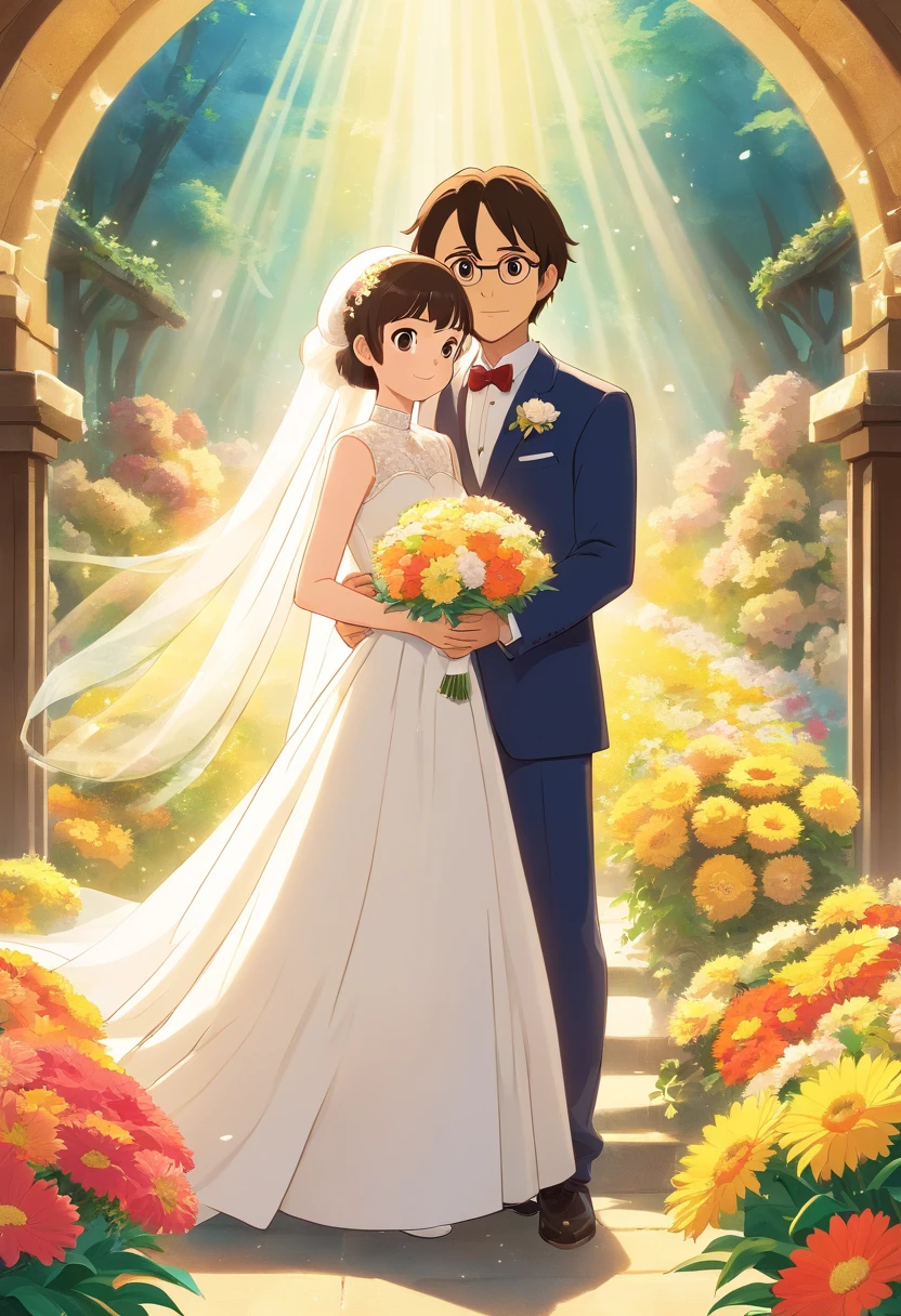 (Poster design)A wedding poster,The bride and groom hold a Siamese cat,fresh flowers,rays of sunshine