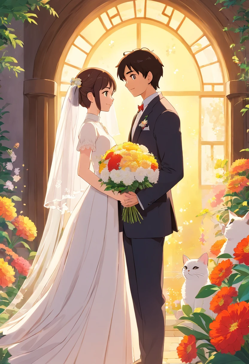 (Poster design)A wedding poster,The bride and groom hold a Siamese cat,fresh flowers,rays of sunshine
