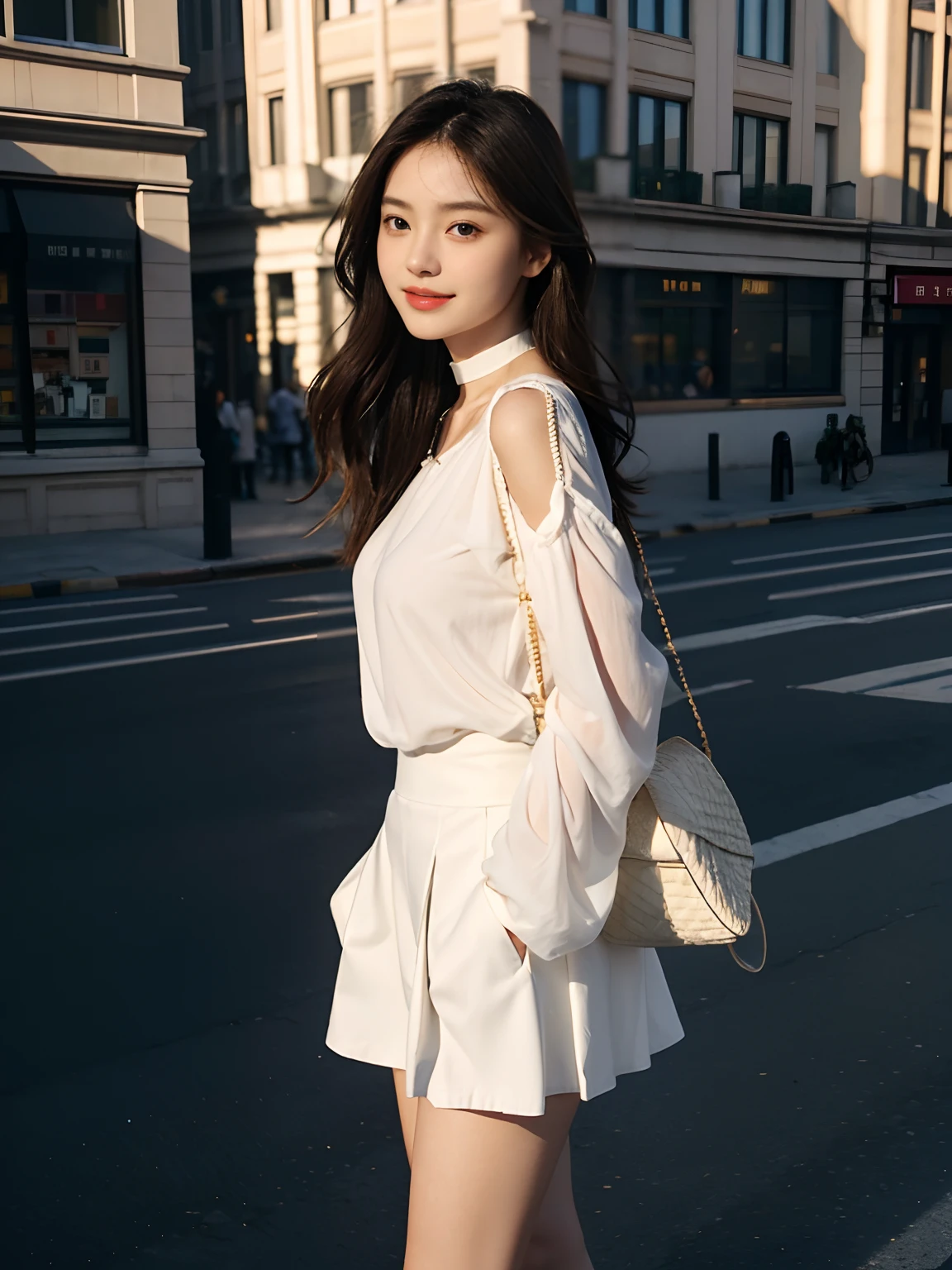 best qualtiy,tmasterpiece,超高分辨率,(真实感:1.4),RAW photogr,1girll,long whitr hair,Face Highlighting,Pure,Girly,Flushing,18yr old,18-year-old smiling female classmate,Pure,Innocent,(best qualtiy,8K,tmasterpiece:1.3),Goose egg face,largeeyes,long eyelasher,Exquisite(live-action realistic style),Star-like eyes,Ultimate face,Photorealistic light and shadow,Clear facial features,Milky white skin,Fair skin, highdetailskin, Realistic skin details, Visible Pore,(Super detail),(perfect bodies:1.1),long whitr hair,(dynamicposes),((Dynamic background((volumettic light:1.3)),short skirt,Bigchest,White color blouse,choker necklace,Street photography,Feel free,Dashing,Put your hands in your pockets