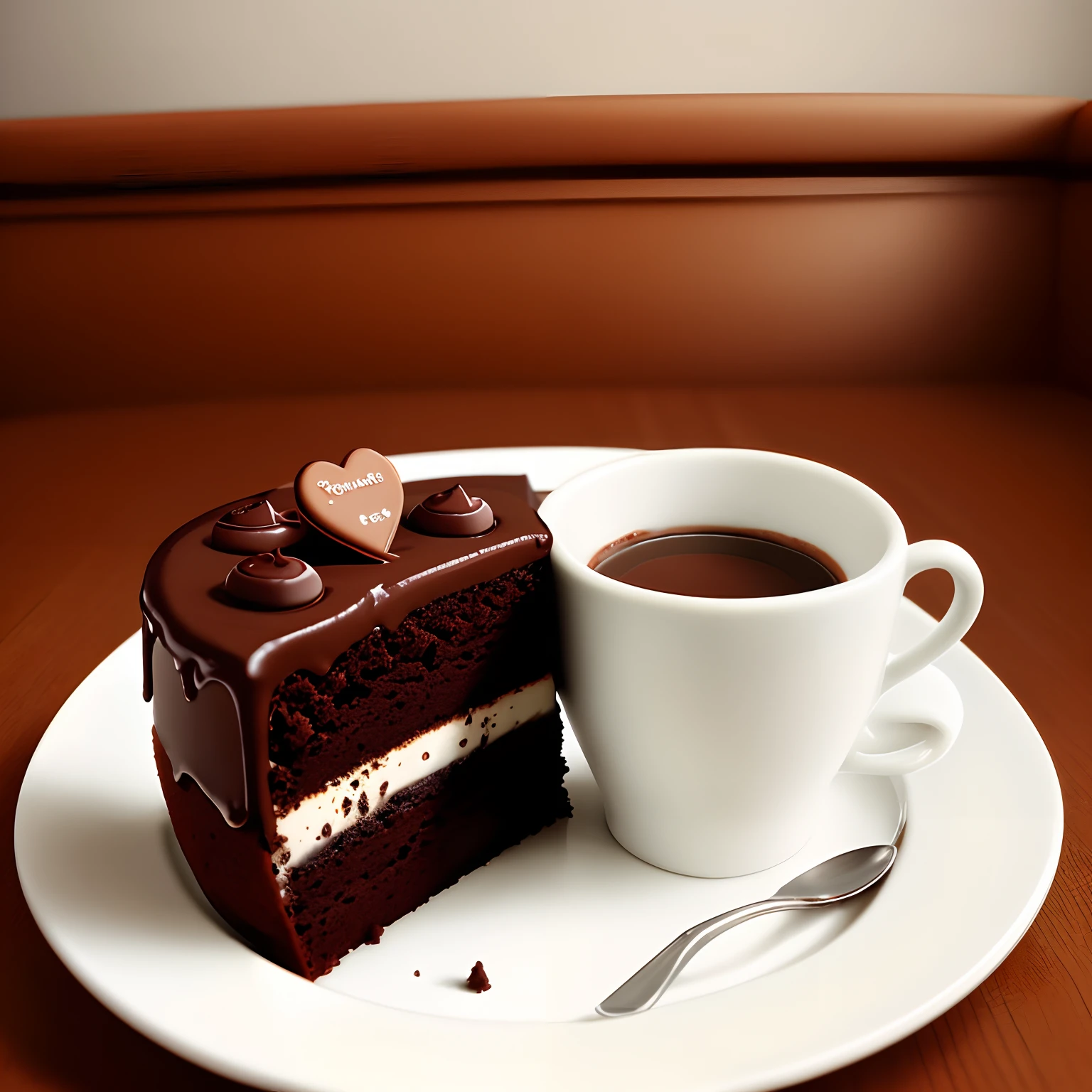 A cup of coffee and a slice of choclate cake