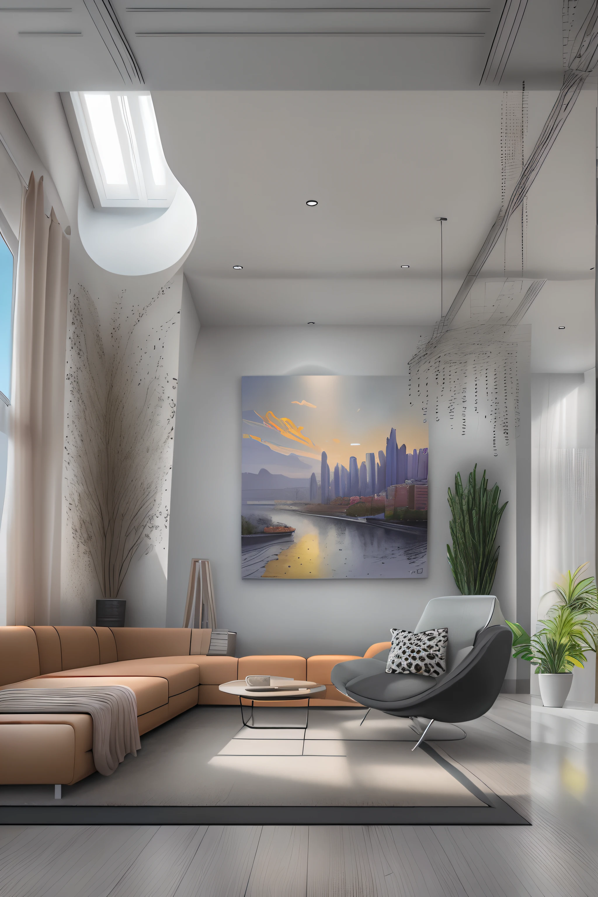 liveroom,There is a wall in the middle of the living room,The painting on the wall is in the middle, Paintings on the walls, skyscape, Large airy windows, Zaha Hadid and Santiago Calatrava landscape panoramic style, Fish, Clear light, Edge lighting, Perfect image, Building summary style, 16k UE5. superfine, 8K, hdr, Product photography, Depth of field, Nikon D850, Ultra-realistic, no contrast, clean sharp focus, professional, No blurring