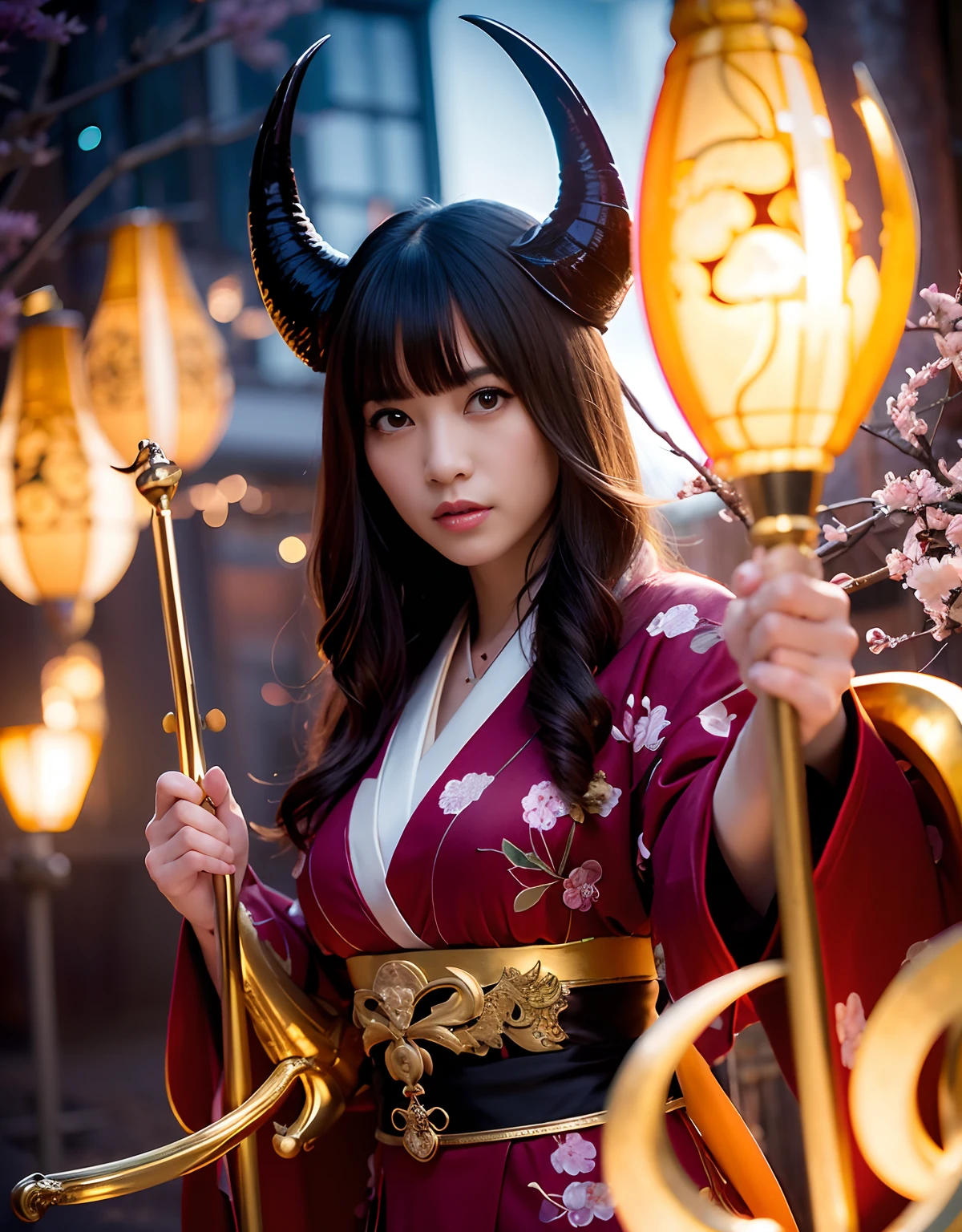 ((World of Darkness)),Professional , ​masterpiece、top-quality、photos realistic , depth of fields 、（Maiko's hairstyle）、(Background of cherry blossoms in full bloom),（Ultimate Beauty）、Red-haired、（Fight ninjas)、（Kimono with beautiful pattern）、（Night background）、（（a dark night））,(Wear a beautiful kimono),（Wear a beautiful kimono with colorful floral patterns）、Jewel Gold Weapon、Particles of light),（Has a devil's mask）、Gorgeous gold weapons ,（（ Gorgeous Dragon Sword）） , （a dark night）,,（maikurobikini） 、（（Black Haired Beautiful Girl））、（Castle background）、（demonic wings）、（（Gangle's forest background））、Beautiful Caucasian beauty、１a person、dynamic ungle,(((Two devil's horns on the head)))、Smaller head、Idle Smile、Thin and beautiful female hands、Mystical expression、Light Effects、intense fighting、Wind-effect、magic circles、With the legendary magic wand、Dragon's tail、Anatomically correct body、