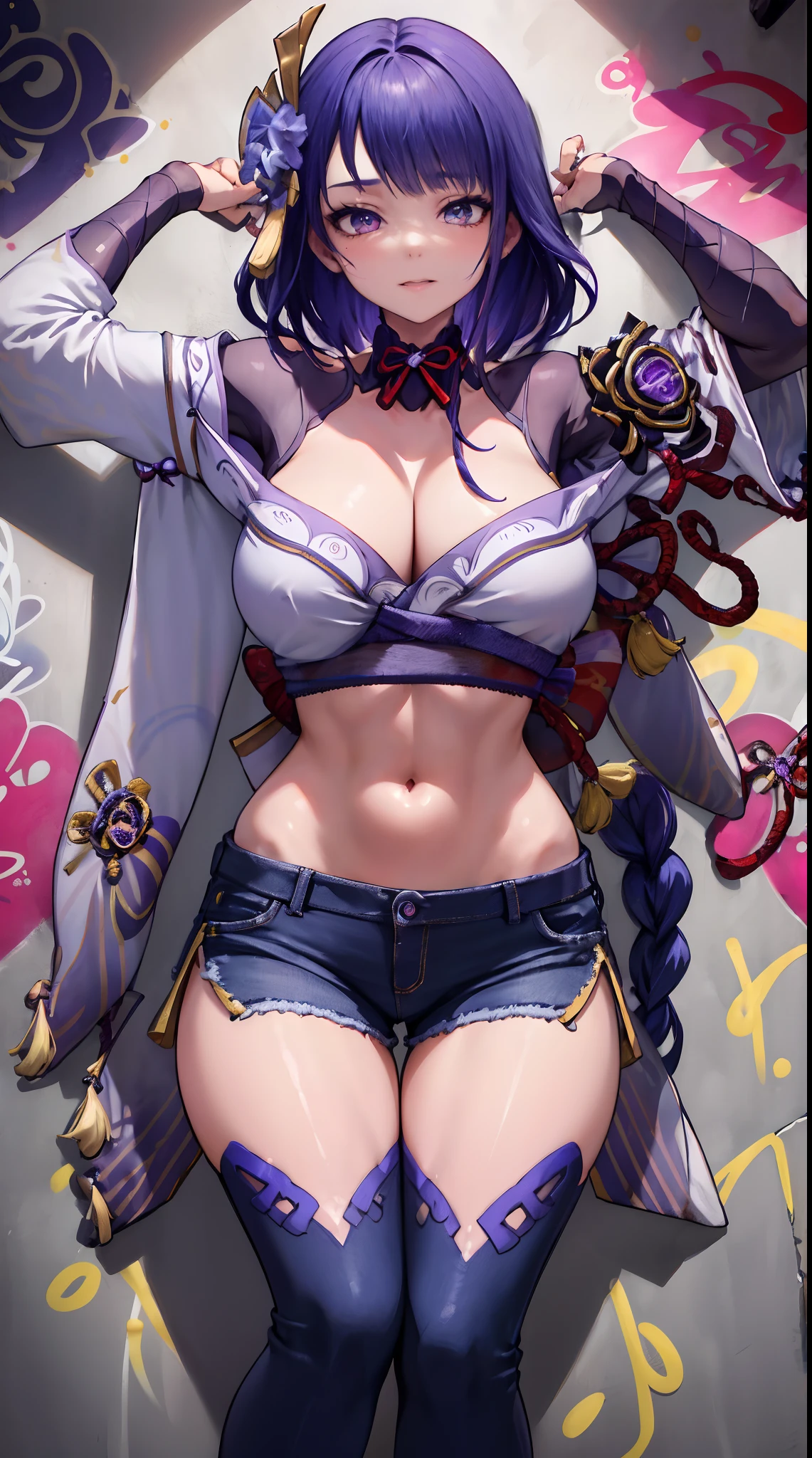 Raiden Shogun Genshin Impact, masterpiece, bestquality, 1girls, bara, crop top, shorts jeans, choker, (Graffiti:1.5), color splashes, arm behind back, against wall, looking at the audience, bracelet, Thigh strap, Paint on the body.................., Head tilt, bored, multicolored hair, water eyes, headset,