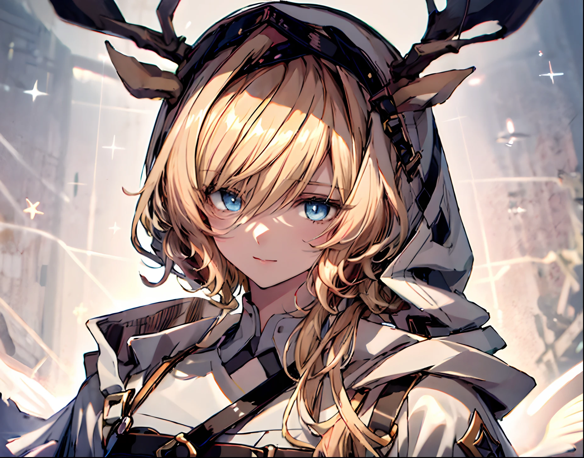 An exquisite masterpiece，Best quality，Illustration style，Anime girl with curly ponytail，beautiful blueish eyes，White color blouse，flatchest，Heartwarming，Young and beautiful，Golden hair，Presents a natural casual style。Dynamic positions have a gold component，Large aperture portrait，Screen whitening，strong contrast of light and shadow，the texture is super strong，Extremely beautiful，The temperament is elegant，Delicate facial expressions，Brilliant lighting effects，Background bokeh，ssmile，extreme hight detail，daily life