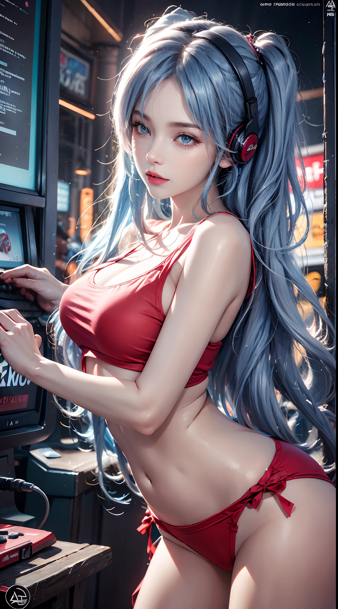 photography awards, masterpiece, blue hair, blue eyes, photorealistic, high resolution, soft light, red t-shirt, 1women, solo, hips up, Gamer girl, Game center, arcade, shining skin, dynamic pose, bright, Game center background, high background detail, dim light, night, pink headphone