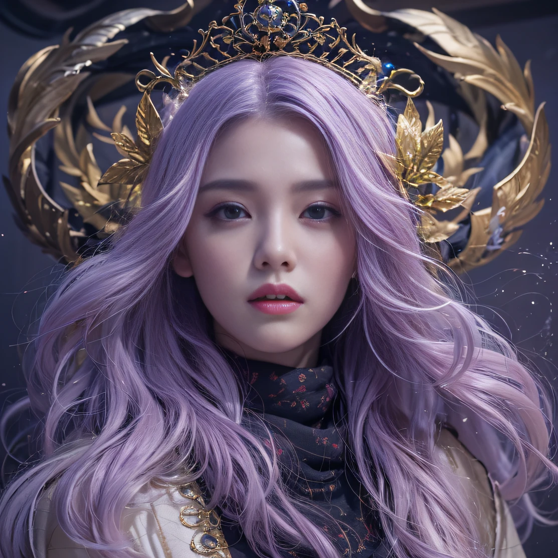 Genki Girl 32K（tmasterpiece，k hd，hyper HD，32K）Long flowing bright purple hair，Autumn Pond，zydink， a color， Proud of the Continent （The astronaut）， （Black and gold scarf）， Combat posture， looking at the ground， long whitr hair， Floating bright purple， Fire cloud pattern gold tiara， Chinese long-sleeved gold silk garment， （Abstract metaverse splash：1.2）， white backgrounid，Lotus vitality protector（realisticlying：1.4），Bright purple hair，Smoke on the road，The background is pure， A high resolution， the detail， RAW photogr， Sharp Re， Nikon D850 Film Stock Photo by Jefferies Lee 4 Kodak Portra 400 Camera F1.6 shots, Rich colors, ultra-realistic vivid textures, Dramatic lighting, Unreal Engine Art Station Trend, cinestir 800，A girl with long flowing bright purple hair