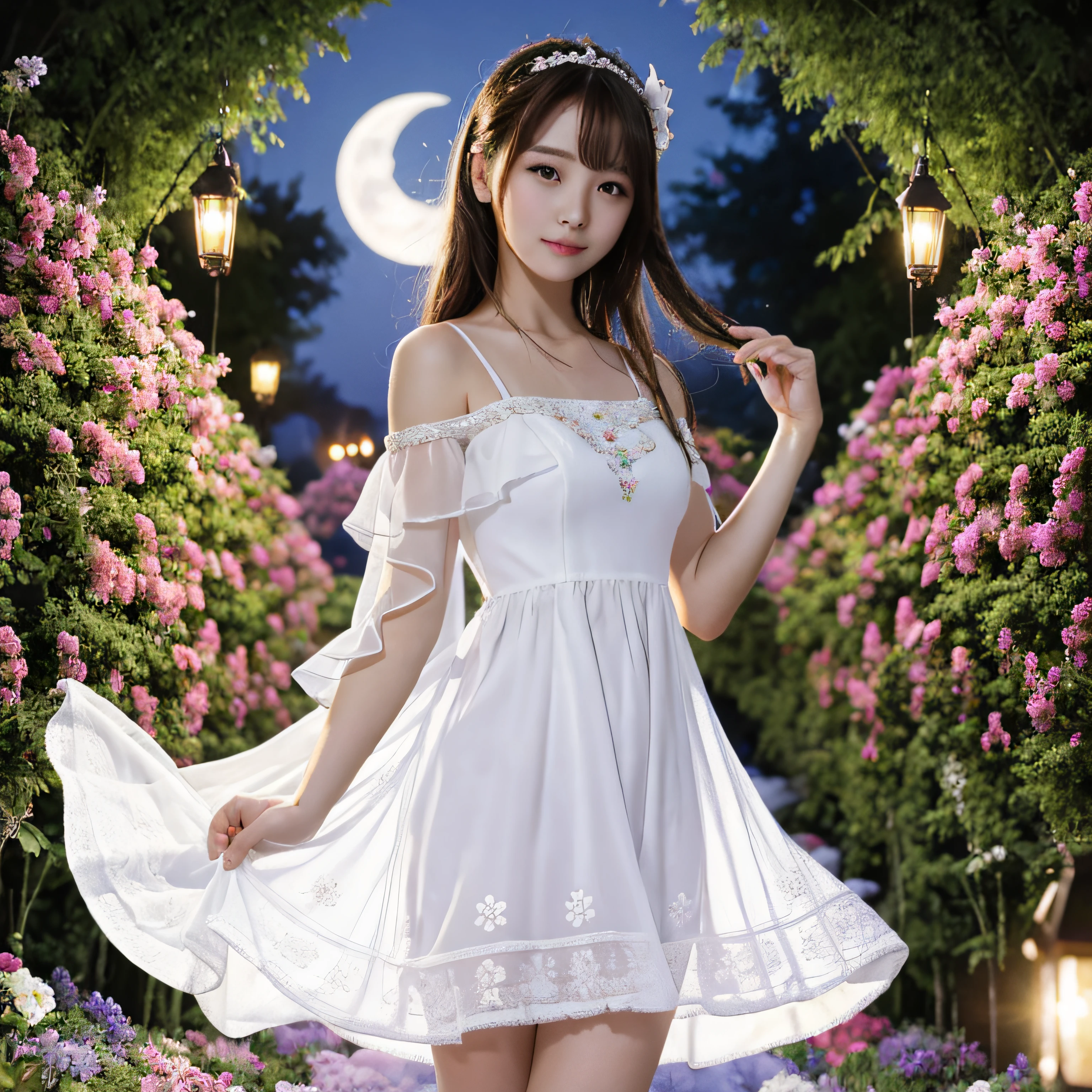 Best Quality, high_resolution, Distinct_image, Detailed background ,girl, White Flare Chiffon Short Dress,flower,garden,Moon, Night,