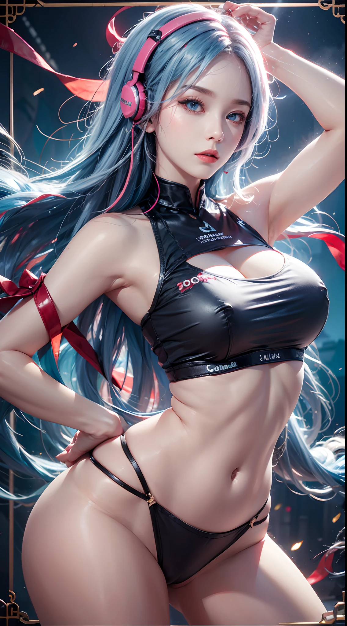 photography awards, masterpiece, blue hair, blue eyes, photorealistic, high resolution, soft light, red t-shirt, 1women, solo, hips up, Gamer girl, Game center, arcade, shining skin, dynamic pose, bright, Game center background, high background detail, dim light, night, pink headphone