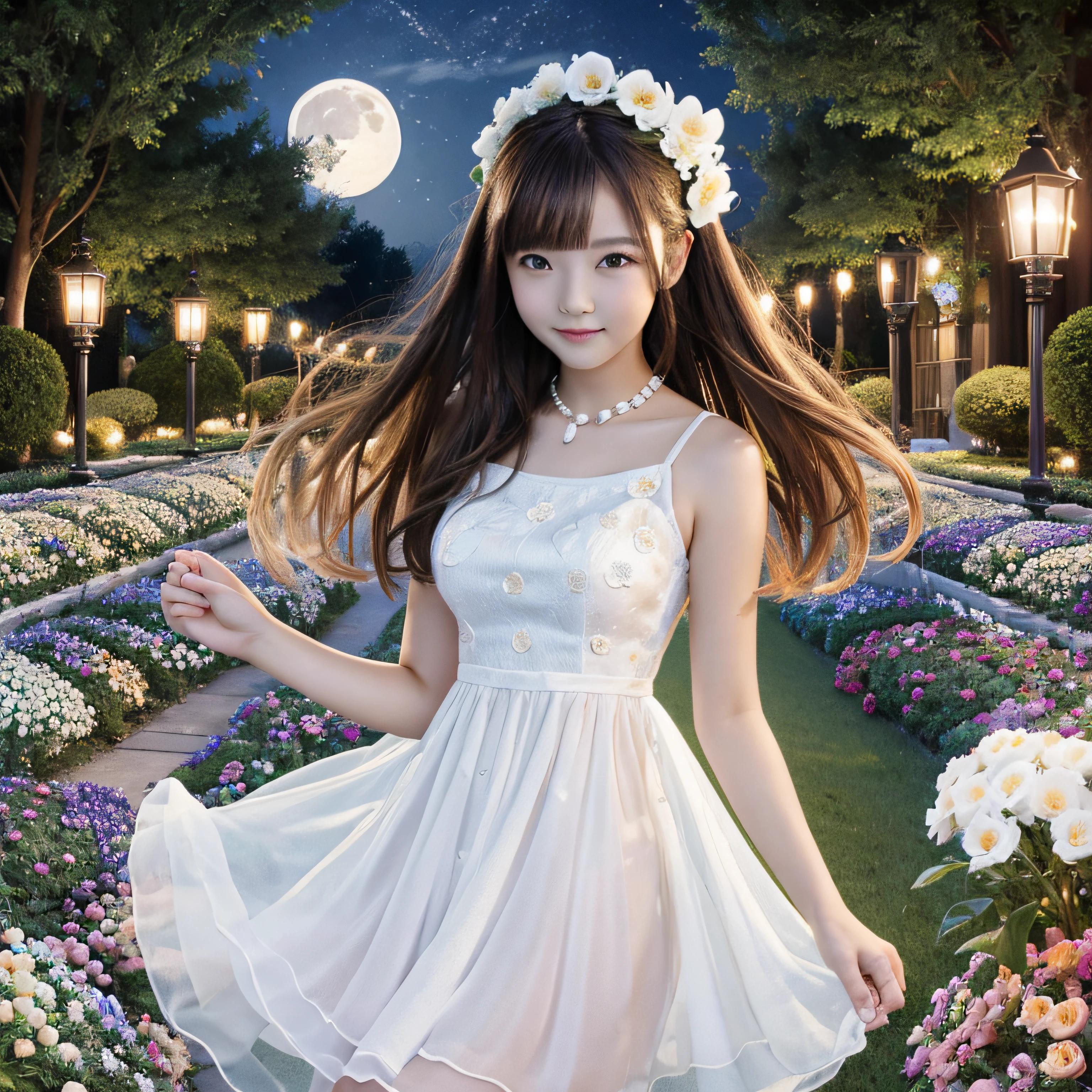 Best Quality, high_resolution, Distinct_image, Detailed background ,girl, White Flare Chiffon Short Dress,flower,garden,Moon, Night,