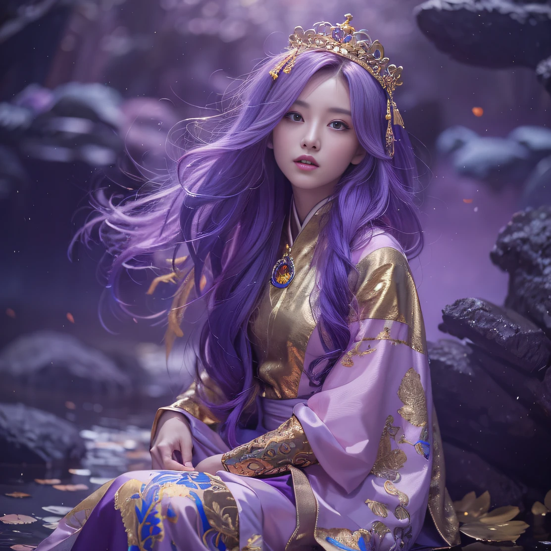 Genki Girl 32K(tmasterpiece,k hd,hyper HD,32K)Long flowing bright purple hair,Autumn Pond,zydink, a color, Proud of the mainland (The astronaut), (Black and gold scarf), Combat posture, looking at the ground, long whitr hair, Floating bright purple, Fire cloud pattern gold tiara, Chinese long-sleeved gold silk garment, (Abstract metaverse splash:1.2), white backgrounid,Lotus vitality protector(realisticlying:1.4),Bright purple hair,Smoke on the road,The background is pure, A high resolution, the detail, RAW photogr, Sharp Re, Nikon D850 Film Stock Photo by Jefferies Lee 4 Kodak Portra 400 Camera F1.6 shots, Rich colors, ultra-realistic vivid textures, Dramatic lighting, Unreal Engine Art Station Trend, cinestir 800,A girl with long flowing bright purple hair