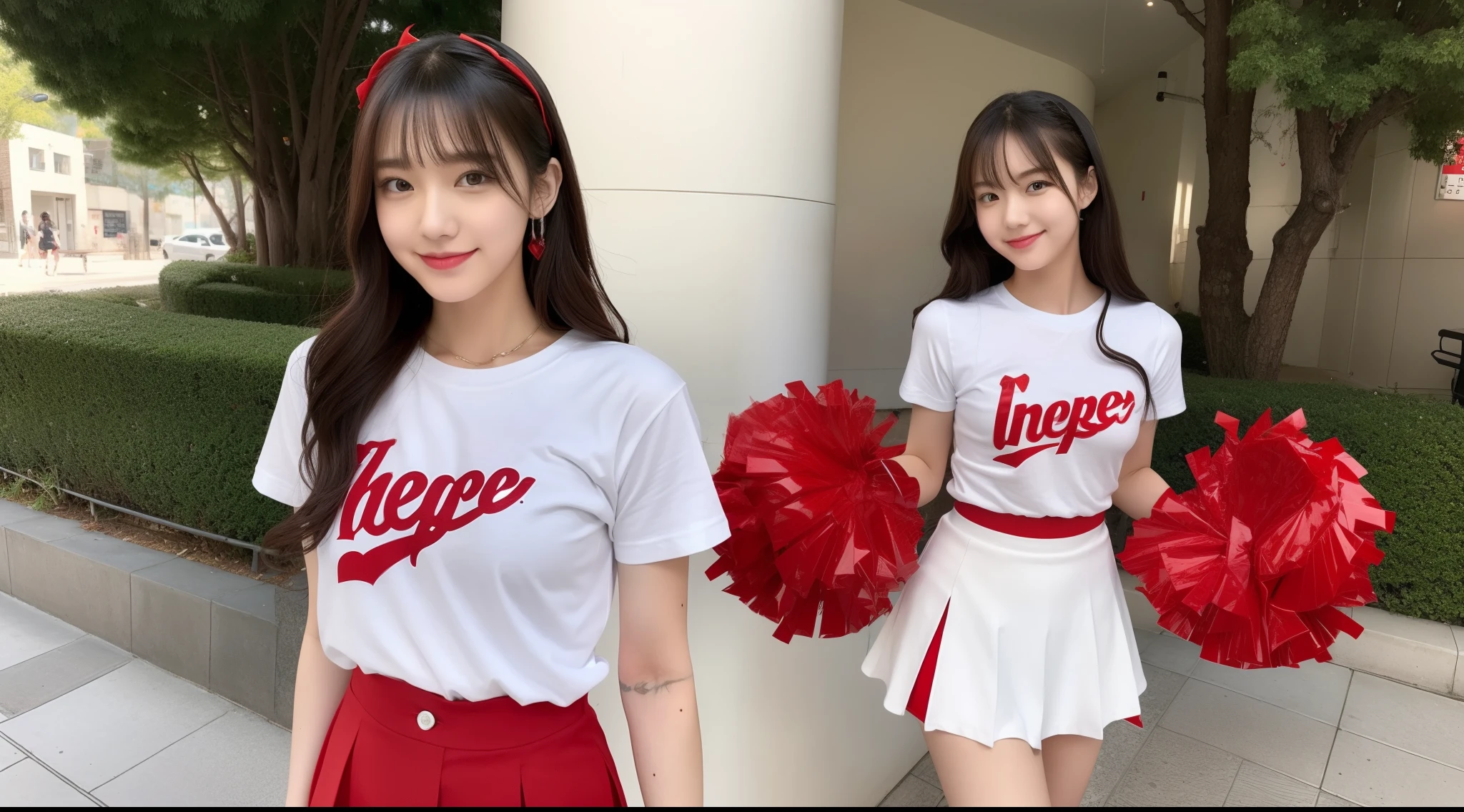 18-year-old cheergirl in white tee shirt and red miniskirt