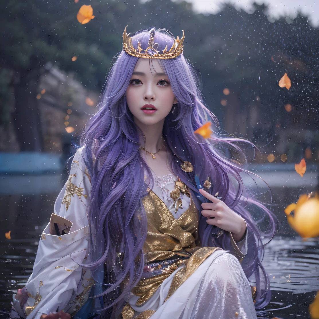 Genki Girl 32K(tmasterpiece,k hd,hyper HD,32K)Long flowing bright purple hair,Autumn Pond,zydink, a color, Proud of the Continent (The astronaut), (Black and gold scarf), Combat posture, looking at the ground, long whitr hair, Floating bright purple, Fire cloud pattern gold tiara, Chinese long-sleeved gold silk garment, (Abstract metaverse splash:1.2), white backgrounid,Lotus vitality protector(realisticlying:1.4),Bright purple hair,Smoke on the road,The background is pure, A high resolution, the detail, RAW photogr, Sharp Re, Nikon D850 Film Stock Photo by Jefferies Lee 4 Kodak Portra 400 Camera F1.6 shots, Rich colors, ultra-realistic vivid textures, Dramatic lighting, Unreal Engine Art Station Trend, cinestir 800,A girl with long flowing bright purple hair