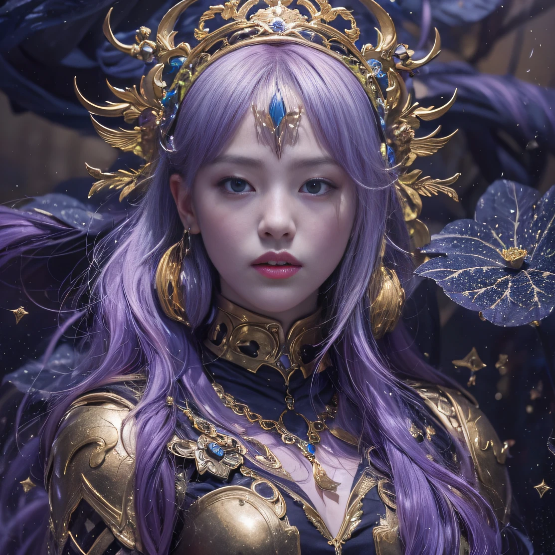 Genki Girl 32K(tmasterpiece,k hd,hyper HD,32K)Long flowing bright purple hair,Autumn Pond,zydink, a color, Proud of the Continent (The astronaut), (Black and gold scarf), Combat posture, looking at the ground, long whitr hair, Floating bright purple, Fire cloud pattern gold tiara, Chinese long-sleeved gold silk garment, (Abstract metaverse splash:1.2), white backgrounid,Lotus vitality protector(realisticlying:1.4),Bright purple hair,Smoke on the road,The background is pure, A high resolution, the detail, RAW photogr, Sharp Re, Nikon D850 Film Stock Photo by Jefferies Lee 4 Kodak Portra 400 Camera F1.6 shots, Rich colors, ultra-realistic vivid textures, Dramatic lighting, Unreal Engine Art Station Trend, cinestir 800,A girl with long flowing bright purple hair